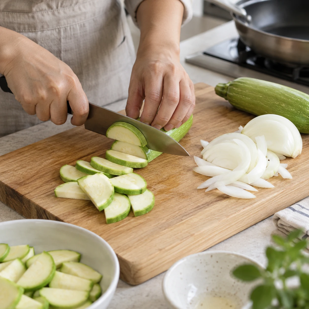 ជំហាន 1: លាងសមាត zucchini កូរ៉េតូចមួយប្រហែល 300 g ហើយកាត់ចុង។ កាត់ប្រវែងជាពាក់កណ្តាលបន្ទាប់មកចូលទៅក្នុងពាក់កណ្តាលព្រះច័ន្ទប្រហែល 5 មមក្រាស់។ ហាន់ខ្ទឹមជាចំណិតស្តើងៗ ហើយរៀបចំខ្ទឹមសតាមចិត្ត។ កុំលាបស្បែកទន់ភ្លន់។