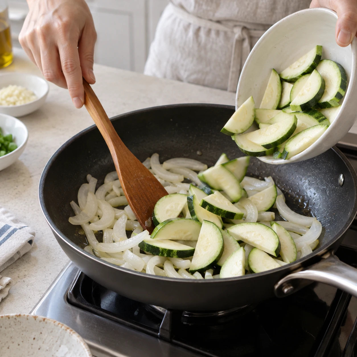 ជំហាន 3: បន្ថែម zucchini និងកូរឱ្យចៀនសម្រាប់នាទី 2–3 ដោយងាកដោយថ្នមៗជាមួយ spatula ។ រក្សាបំណែកឱ្យនៅដដែល។ ពួកគេគួរតែចាប់ផ្តើមទន់នៅគែម ប៉ុន្តែនៅតែមើលទៅស្លេកនៅខាងក្នុងនៅដំណាក់កាលនេះ។