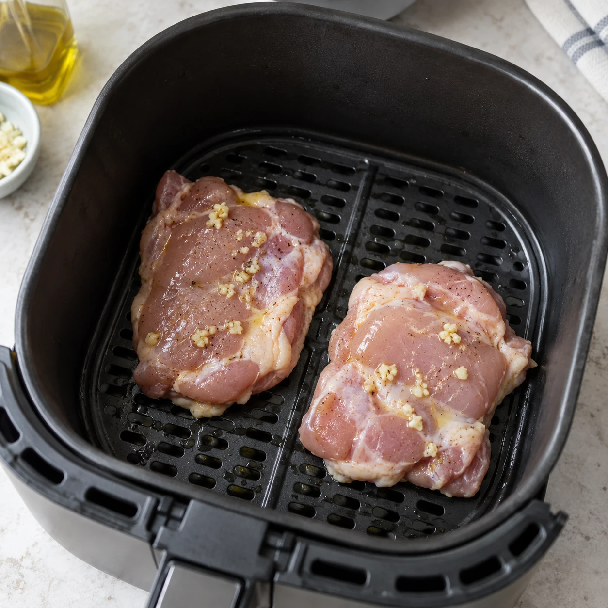 Langkah 3: Panaskan air fryer pada 180°C selama 3 menit, atau ikuti buku petunjuknya. Oleskan minyak yang tercantum tipis-tipis pada keranjang dan kulit ayam. Susun satu lapis dengan sisi kulit menghadap ke bawah dan beri jarak. Masak dalam beberapa tahap jika keranjang terlalu penuh.