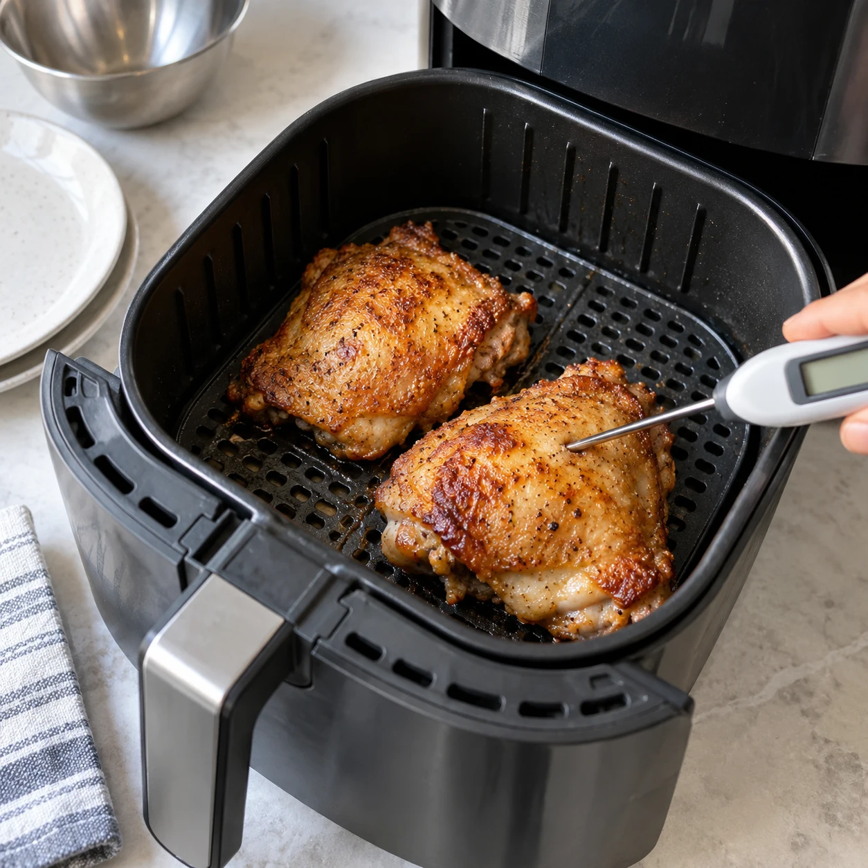 Langkah 5: Periksa bagian paling tebal dari setiap paha dengan termometer makanan bersih: suhunya harus mencapai 74°C. Jika lebih dingin, masak lagi selama 2–3 menit dan periksa lagi. Jika sudah matang tetapi ingin kulitnya lebih renyah, selesaikan pada suhu 200°C selama 1–2 menit sambil memperhatikan baik-baik.