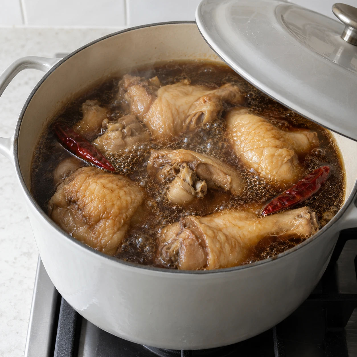 ขั้นตอน 3: เริ่มตุ๋นไก่. ใส่ไก่ลงในหม้อที่สะอาด ใส่ส่วนผสมซีอิ๊วทั้งหมดและน้ำจืดในถ้วยกระดาษขนาดเล็ก 4 เพิ่มพริกแห้ง 2 ที่เป็นอุปกรณ์เสริม นำไปต้ม จากนั้นลดระดับลงเป็นเคี่ยวไฟอ่อนสม่ำเสมอ ปิดฝาแง้มไว้เล็กน้อยแล้วปรุงเป็นเวลา 15 นาที แล้วกลับด้านไก่หนึ่งครั้ง อย่าชิมซอสจนกว่าไก่จะสุก