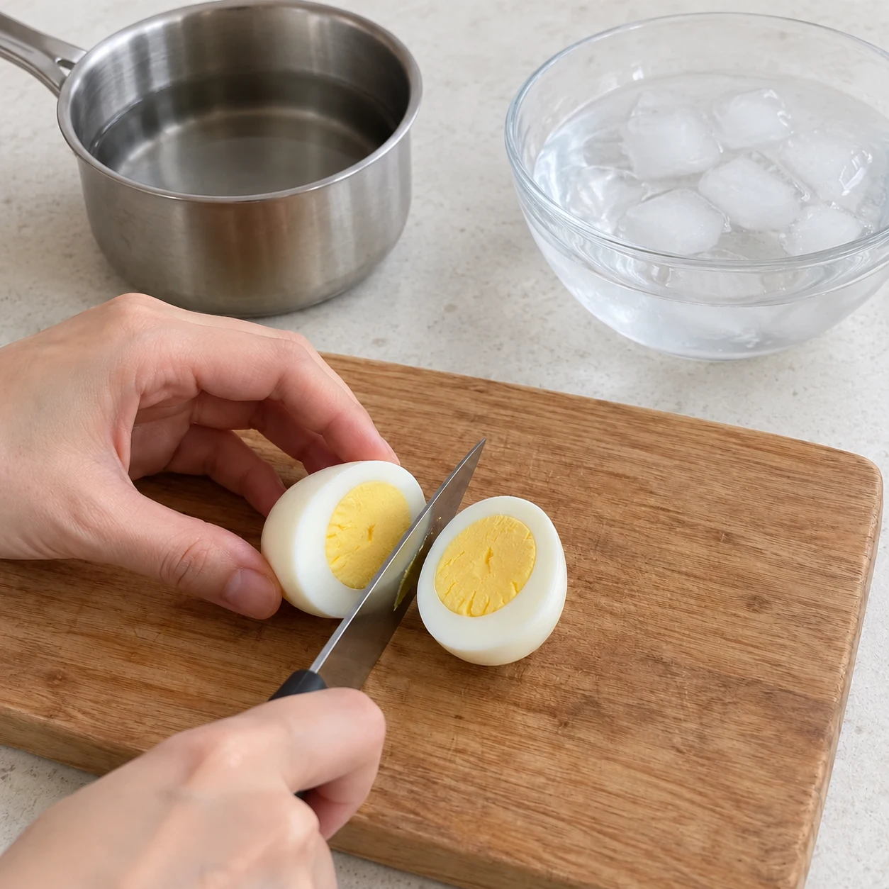 Langkah 1: Masak telur opsional terlebih dahulu. Masukkan telur 1 ke dalam panci kecil, tutupi dengan air biasa dan didihkan perlahan. Kecilkan hingga api kecil dan masak selama 10–12 menit, sampai putih dan kuning telur matang. Dinginkan dengan air dingin, kupas dan potong menjadi dua. Selagi telur dimasak, siapkan saus dan sayuran. Lewati langkah ini jika tidak menggunakan telur.