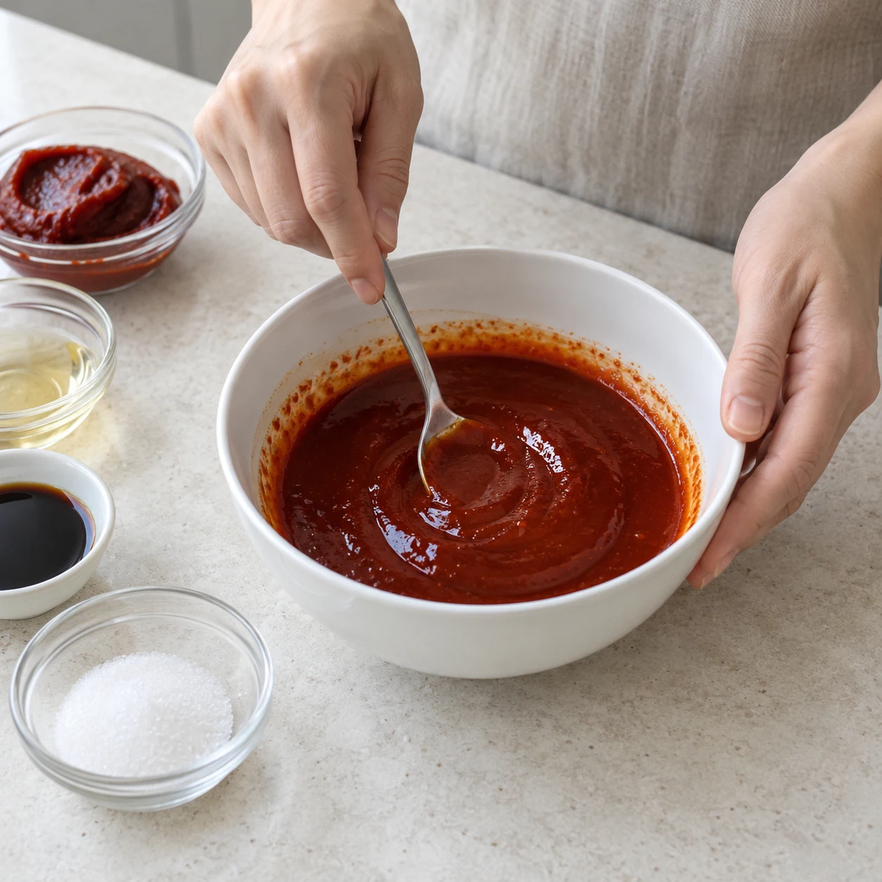 Langkah 2: Buatlah saus dingin. Campurkan sendok makan gochujang level 2, sendok makan kecap level 1, gula sendok makan level 1, dan cuka beras sendok makan level 2. Tambahkan sendok teh kecil bawang putih cincang 1 opsional. Aduk hingga gula larut. Simpan saus ini di lemari es saat memasak mie. Jangan tambahkan air; mie basah dan sayuran akan mengencerkannya.