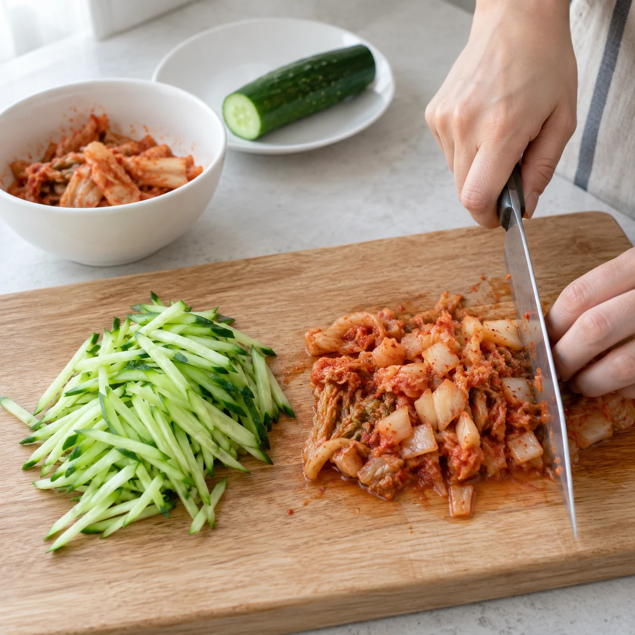 Langkah 3: Siapkan topping segar. Bilas mentimun ½ dan potong korek api tipis. Jika menggunakan kimchi, tiriskan cangkir kertas kecil kimchi ¼ dan potong kecil-kecil. Jaga keduanya tetap dingin. Jangan menuangkan air garam kimchi ke dalam saus; garam dan keasamannya akan mengubah keseimbangan. Jika mengganti mentimun dengan wortel, potong wortel sangat tipis dan gunakan mentah.