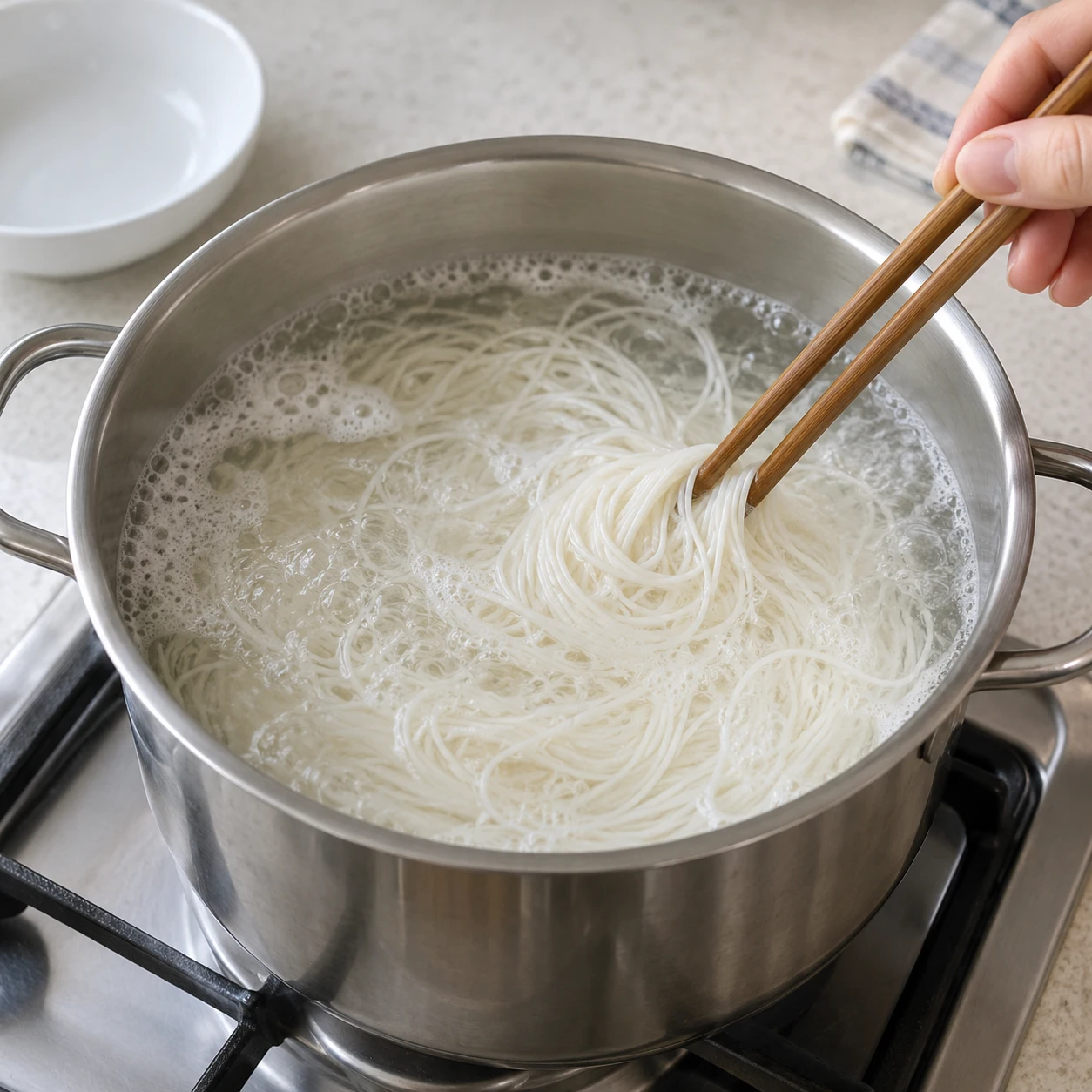Langkah 4: Rebus mie. Didihkan sepanci besar air biasa. Tambahkan ½ dari sebungkus 400 g mie gandum tipis kering. Aduk untuk mengendurkan helaiannya dan masak sesuai kemasannya, biasanya 3–4 menit. Kecilkan api jika busa naik ke tepinya. Cicipi untaian yang sudah dingin: harus empuk tanpa bagian tengah yang keras.