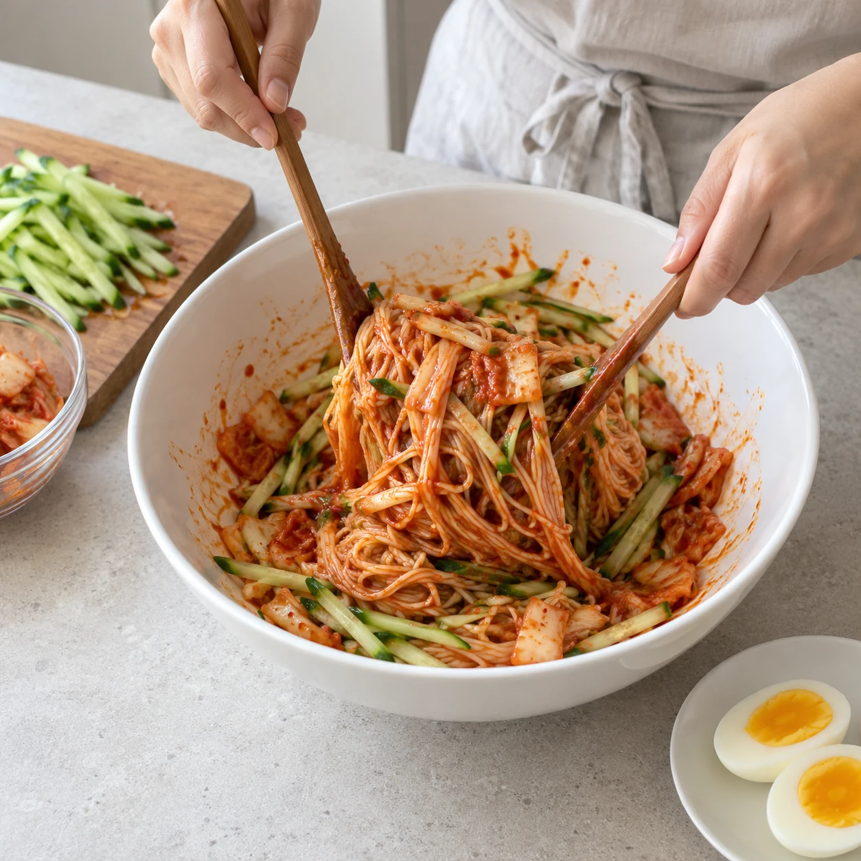 Langkah 6: Aduk dan sajikan segera. Masukkan mie dingin yang sudah dikeringkan ke dalam mangkuk besar dengan saus dingin, mentimun, dan kimchi cincang opsional. Tambahkan sendok teh kecil minyak wijen 2 opsional dan aduk hingga setiap helai terlapisi secara merata. Bagi ke dalam mangkuk 2. Taburi masing-masing dengan setengah telur rebus dan taburi dengan biji wijen sendok teh kecil 1 opsional yang dibagi di antara mangkuk. Sajikan segera; kuahnya tetap pedas meski bawang putih mentahnya dihilangkan.