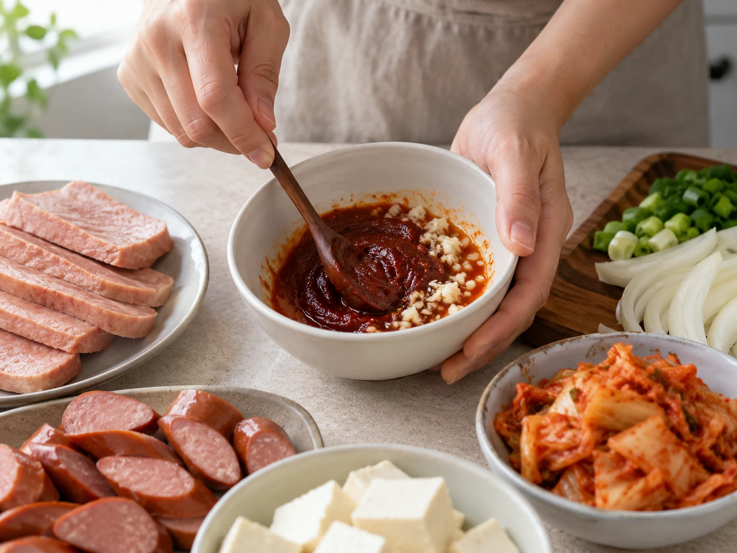 Paso 2: Mezcla 1 cucharada de gochujang, ½ de gochugaru y ajo con 2 cucharadas tomadas del caldo medido. Para menos picante, reduce a la mitad el chile.