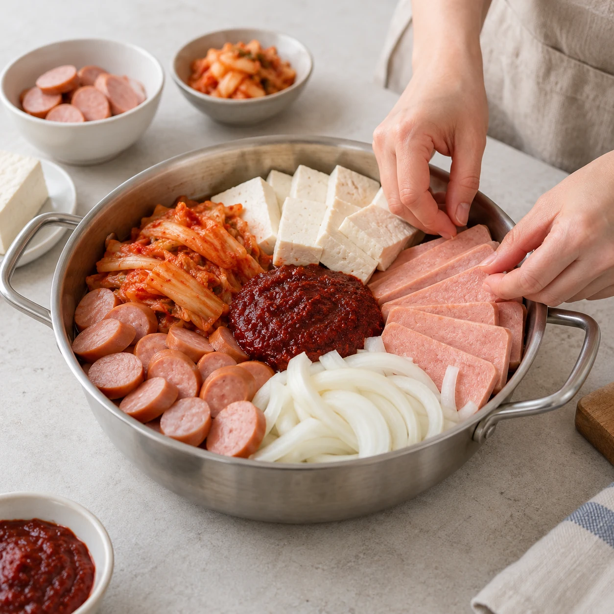 Paso 3: Coloca carnes, tofu, kimchi y cebolla en una olla pequeña poco profunda. Pon la pasta en el centro; reserva fideos y queso.