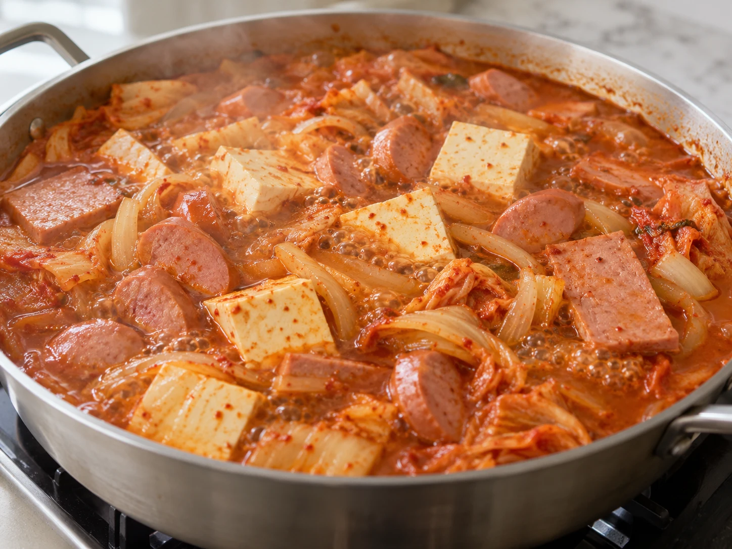 Paso 4: Añade el resto de los 3 vasos de caldo. Hierve, tapa parcialmente y cocina suave 6–8 minutos. Disuelve la pasta y calienta las carnes por completo.
