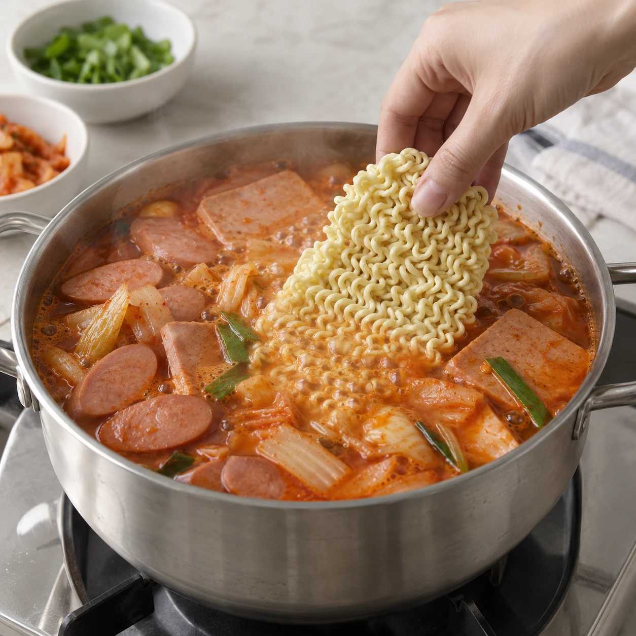 Paso 5: Añade medio bloque de fideos sin condimento y cocina el tiempo del envase, normalmente 3–4 minutos. Si se seca, añade hasta ½ vaso de agua extra. Sin fideos, omite este paso.