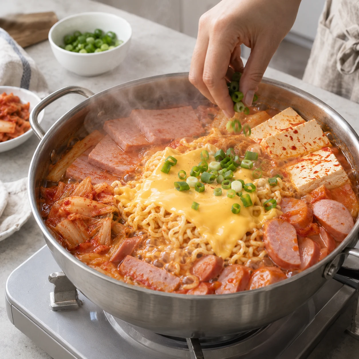 Paso 6: Pon el queso 30 segundos para fundirlo y añade cebolleta. Prueba una cucharada enfriada antes de salar: las carnes ya tienen sal. Sirve caliente para dos, con arroz si quieres.