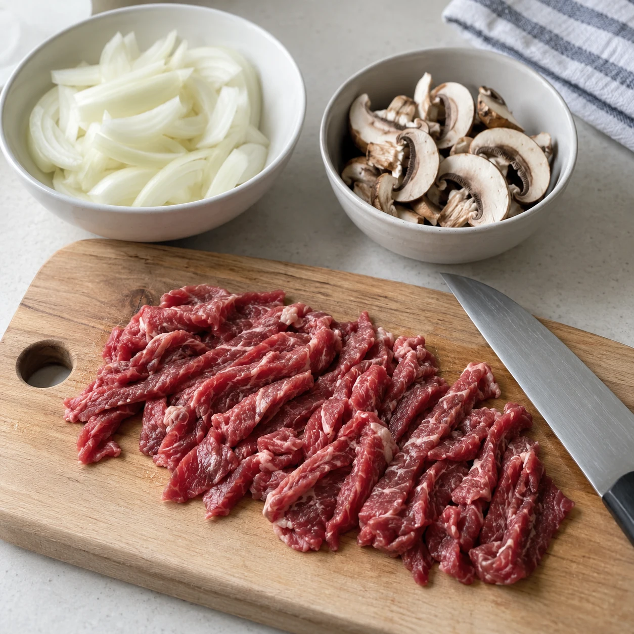 Step 1: Separate the thin beef slices and cut long pieces into bite-size strips across the grain. Slice onion and mushrooms and chop the spring onion. Keep the raw-meat board separate and wash your hands afterwards.