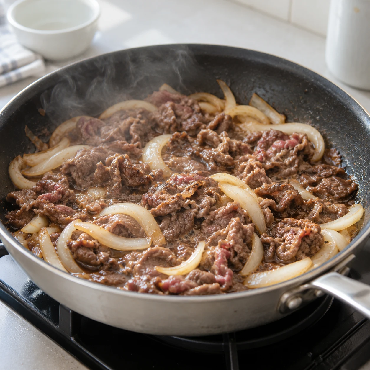 Step 3: Warm the neutral oil in a wide pan over medium-high heat. Add the beef and onion with the marinade. Spread out and cook for 2 minutes before stirring, so the meat sears rather than clumping.