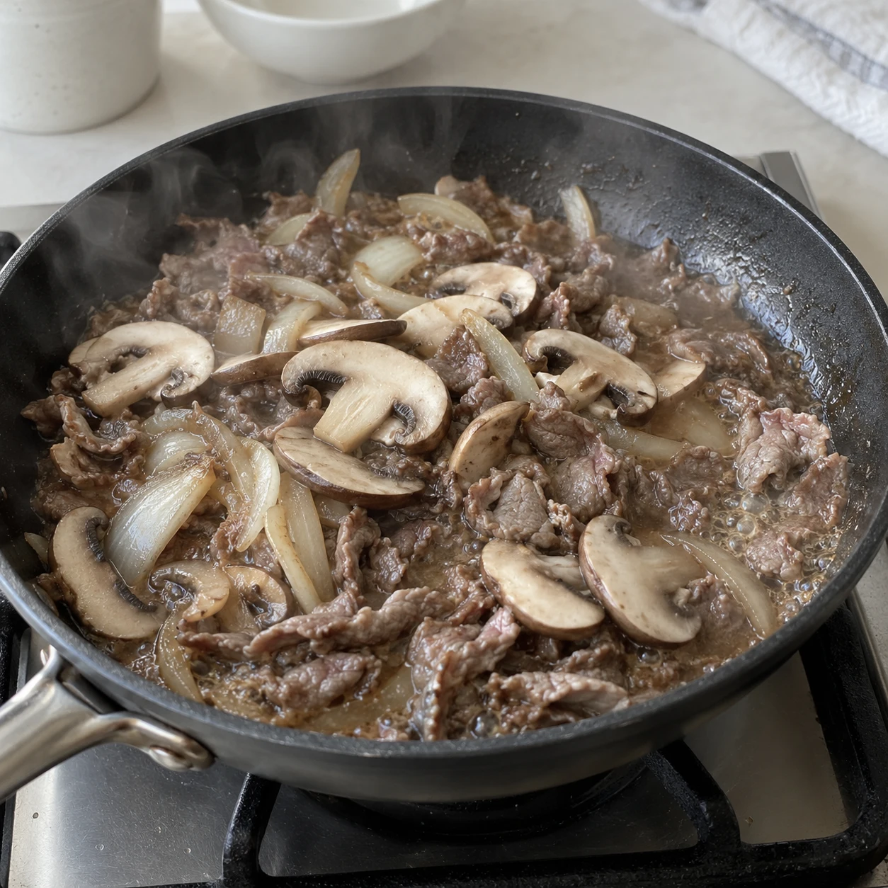 Step 4: Add the mushrooms and stir-fry for 3–4 minutes, separating the beef slices. Bring all the marinade to a full bubble and cook until the meat is cooked through and the vegetables tender.