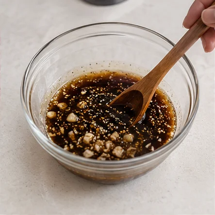 Étape 2: Mélangez 3 c. à soupe de sauce soja, 1 de sucre, 1 c. à café d’huile de sésame, 2 gousses d’ail hachées, 2 c. à soupe d’eau et un peu de poivre. Dissolvez le sucre.