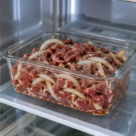 Étape 3: Ajoutez 300 g de bœuf et 100 g d’oignon, puis enrobez chaque morceau. Couvrez et laissez 15 minutes au réfrigérateur, jamais sur le plan de travail.