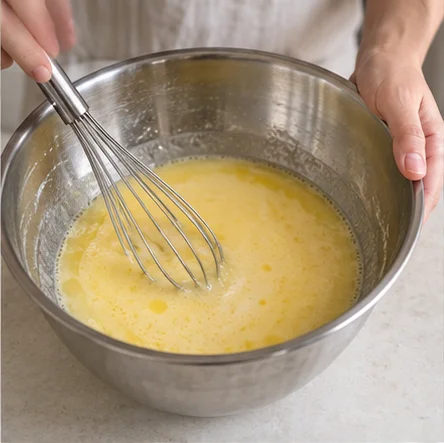 Step 1: Preheat a conventional oven to 180°C. Grease 8 muffin cavities with a little butter. Let the melted butter cool until warm, not hot, then whisk with milk, egg, sugar and vanilla until combined.