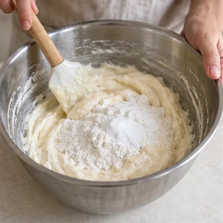 Step 2: In another bowl, mix glutinous rice flour, baking powder and salt. Gradually whisk into the wet ingredients until smooth. Scrape the bowl sides; the batter should be thick but pourable, with no dry pockets.