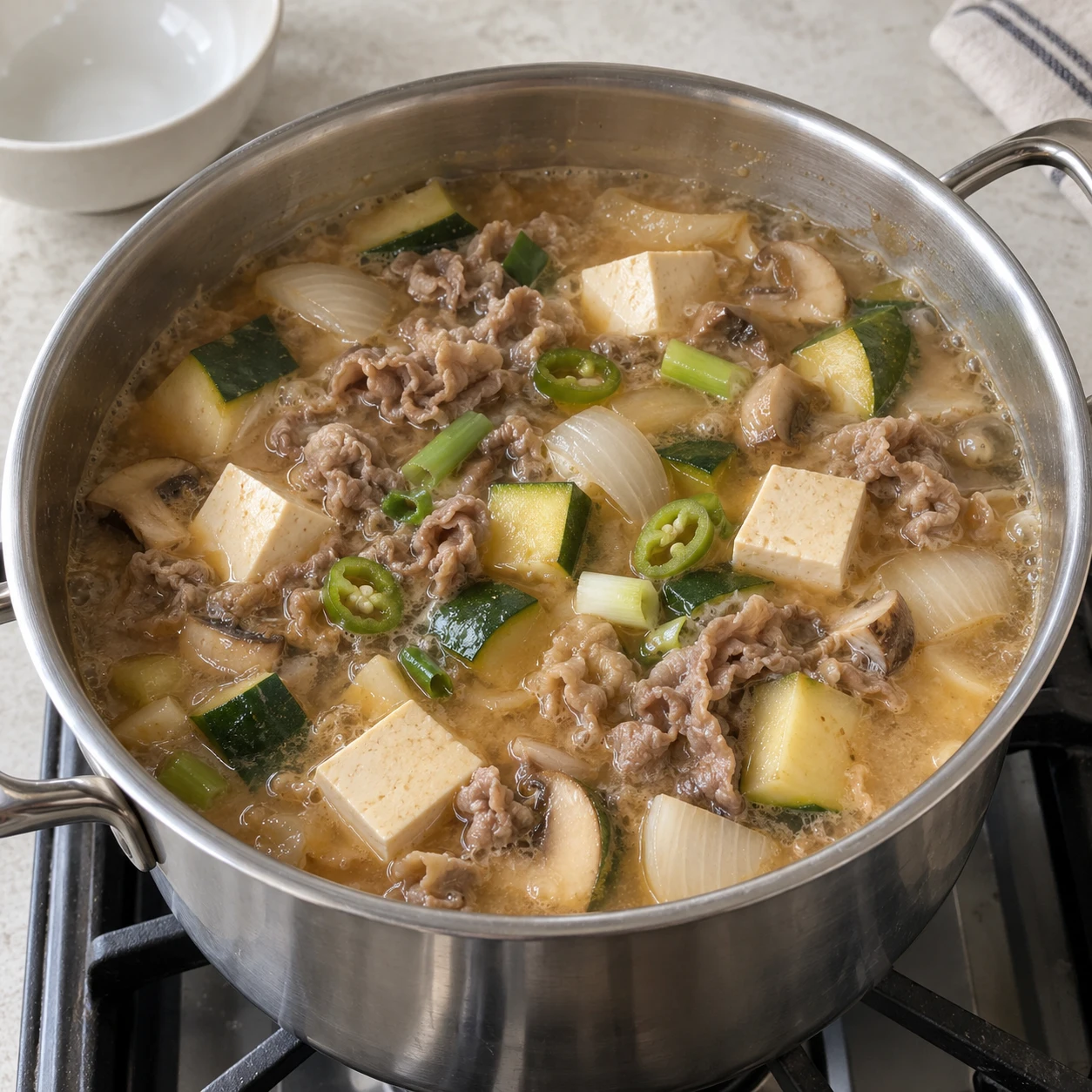 ขั้นตอน 5: เพิ่มผักและเต้าหู้ที่นิ่มกว่า เพิ่มบวบและเห็ด และเคี่ยวเป็นเวลา 5 นาที ค่อยๆ ใส่เต้าหู้ก้อน ต้นหอม และพริกเขียวลงไป จากนั้นเคี่ยวต่อไปอีก 3 นาทีจนกระทั่งเต้าหู้ร้อนและบวบนิ่ม คนรอบๆ เต้าหู้แทนที่จะบด หากใช้มิโซะแดง ให้ละลายช้อนกินระดับ 1½ ในน้ำซุปร้อนเล็กน้อย แล้วเติมเต้าหู้ลงไปทันที หากใช้เต้าหู้ไหม ให้ตักเป็นชิ้นใหญ่เฉพาะในช่วง 2–3 นาทีสุดท้ายเท่านั้น