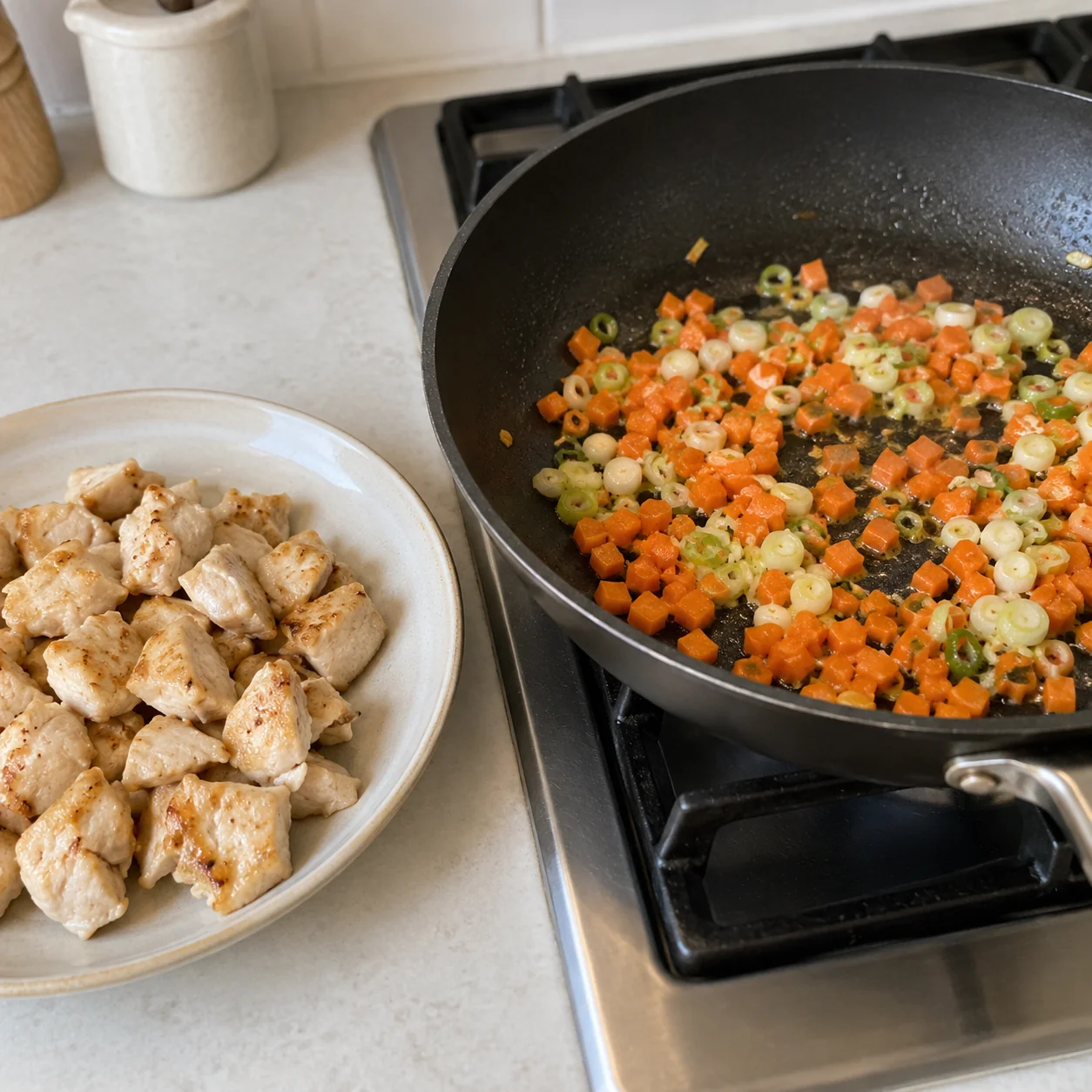 ขั้นตอน 3: ย้ายไก่ที่ปรุงสุกเต็มที่ลงในจานที่สะอาด ใส่น้ำมัน ช้อนกินข้าว ½ ช้อน (ปาดเสมอ) ที่เหลือลงในกระทะเดียวกัน แล้วทอดหัวหอมใหญ่สีขาวและแครอทหั่นลูกเต๋าละเอียดประมาณ 1 นาทีโดยใช้ไฟปานกลาง