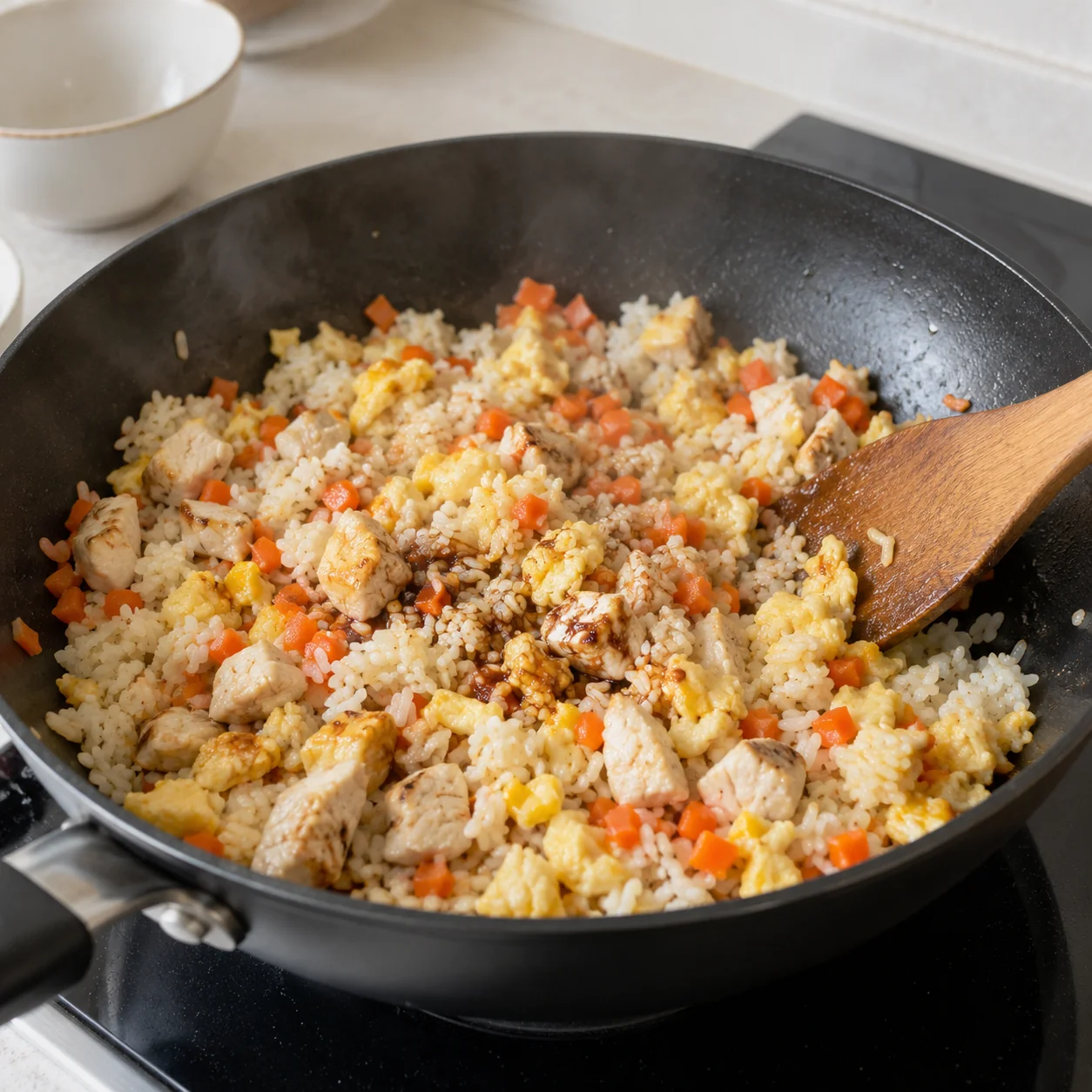 ขั้นตอน 5: ใส่ข้าวสวยและไก่ที่จองไว้ คนเป็นเวลา 2–3 นาทีจนกระทั่งทุกอย่างร้อนมาก ราดซีอิ๊ว ช้อนชาเล็ก 1 ช้อน รอบขอบกระทะร้อน จากนั้นคลุกเคล้าให้เข้ากัน สำหรับการเปลี่ยนไก่ที่ปรุงสุกเต็มที่แล้ว ให้เพิ่มในขั้นตอนนี้และตั้งไฟให้ร้อนถึง 74°C