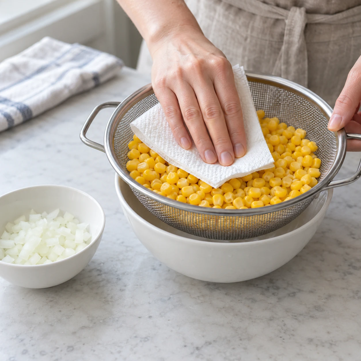 Step 1: Drain the canned corn in a sieve and pat off extra moisture. Finely chop the optional onion. Have the cheese and mayonnaise ready before heating the pan; excess corn liquid makes the finished dish watery.