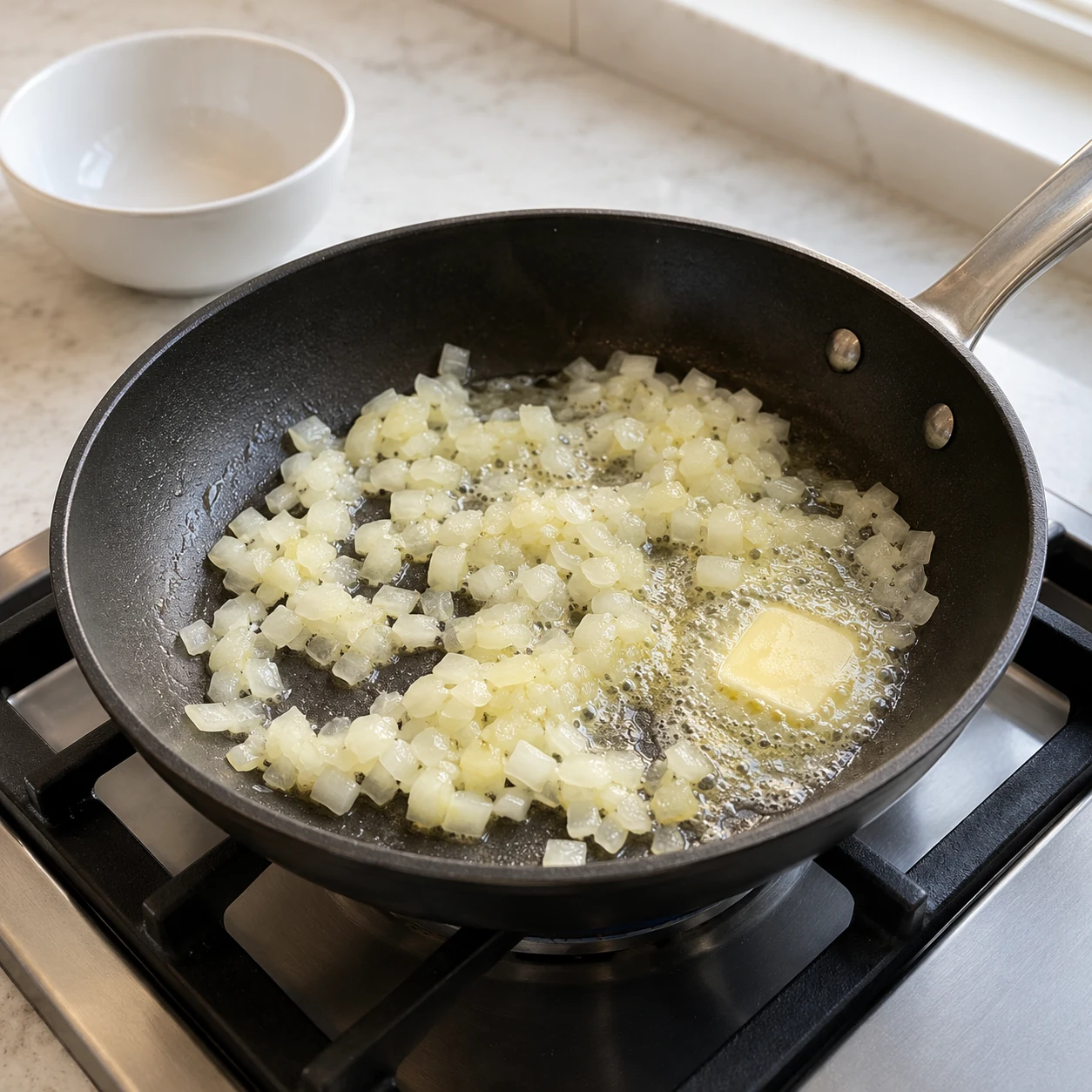 Step 2: Melt the butter in a small nonstick frying pan over medium-low heat. Add the onion if using and cook for 2–3 minutes until softened, stirring so the butter does not brown. If omitting onion, just melt the butter.