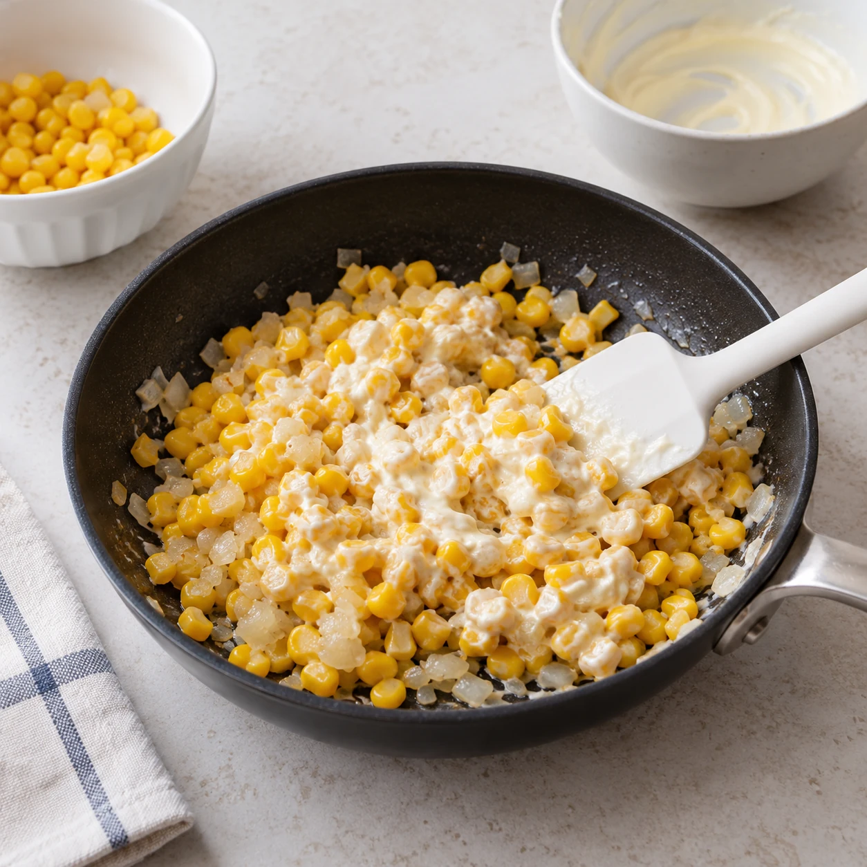 Step 3: Take the pan off the heat. Add the drained corn and mayonnaise, plus sugar and pepper only if wanted. Stir until evenly coated. Return to low heat and warm for 2 minutes, stirring gently.