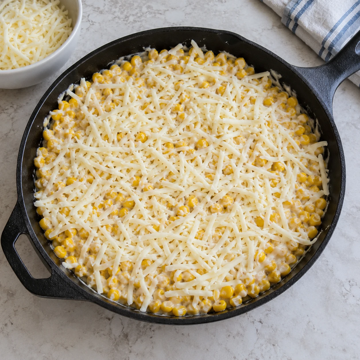 Step 4: Spread the corn in an even layer. Scatter all the shredded cheese across the top. Keep the layer fairly thin so it melts evenly; do not turn up the heat to brown the bottom.