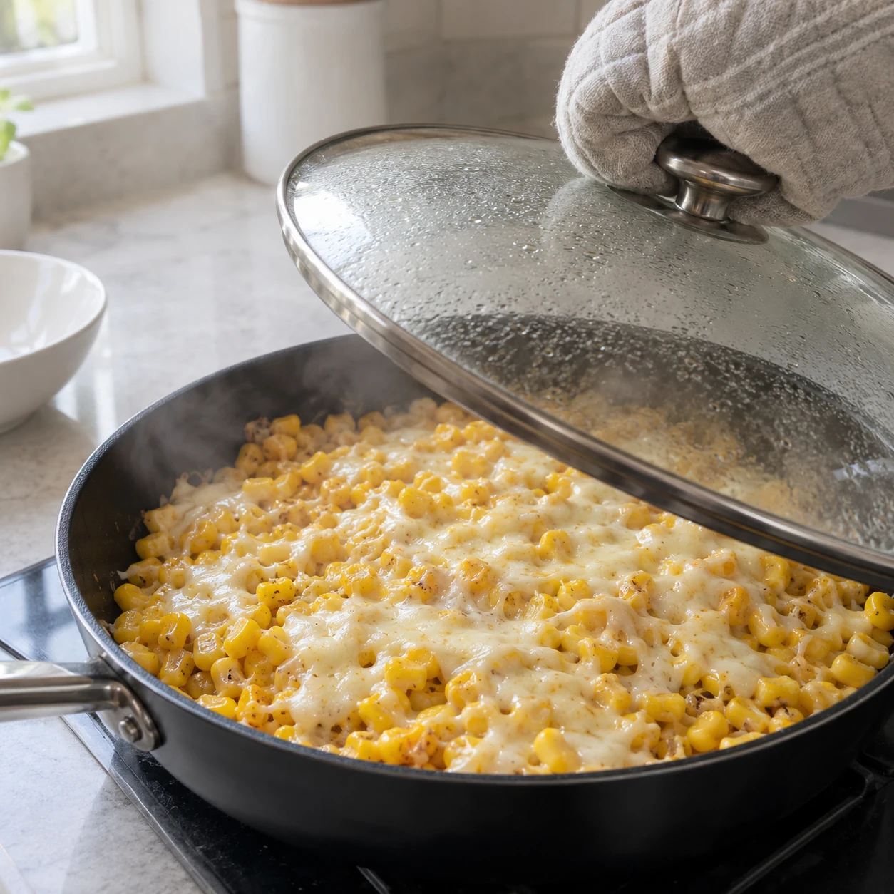 Step 5: Cover and heat on the lowest setting for 3–5 minutes, until the cheese has fully melted and the corn is hot throughout. Check briefly if needed. If the bottom catches, remove from the heat rather than adding more heat.