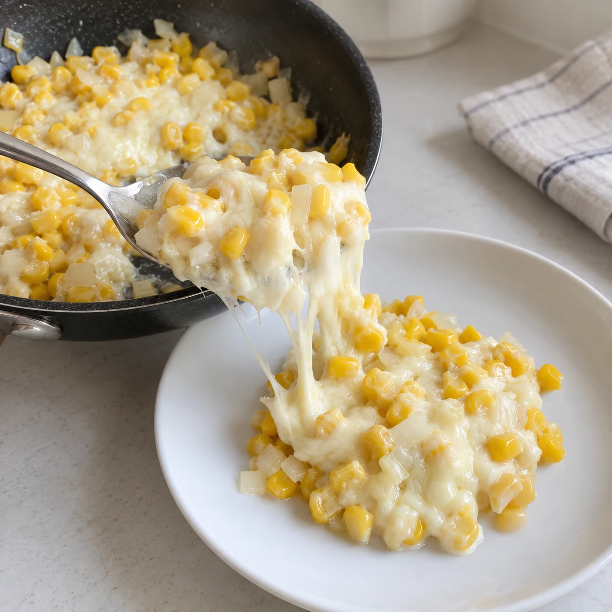 Step 6: Turn off the heat and uncover carefully, keeping steam away from your face. Spoon small portions onto plates. Let children’s portions cool; both the corn and melted cheese can hold heat. Serve immediately while the cheese is soft.