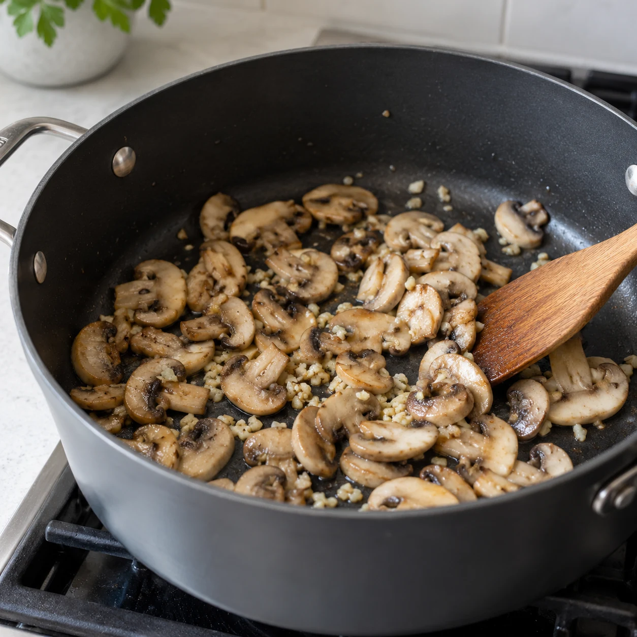 ขั้นตอน 2: อุ่นน้ำมันในหม้อ nonstick ขนาดกว้างบนไฟร้อนปานกลางหากใช้ เพิ่มเห็ดและกระเทียมเสริม ผัดประมาณ 2-3 นาทีจนเห็ดนิ่มและความชื้นเริ่มระเหย อย่าทำให้กระเทียมมีสีน้ำตาลเข้ม