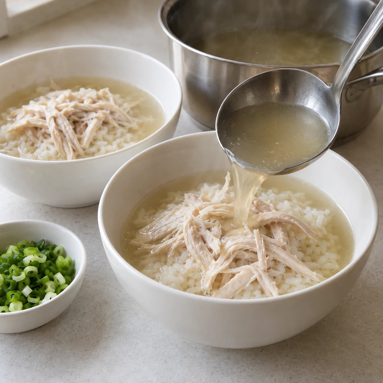 ขั้นตอน 6: แบ่งข้าวอุ่นๆ ออกเป็นสองชาม ใส่ไก่และน้ำซุปร้อน จากนั้นต้นหอมสับ ค่อยๆ เติมเกลือที่ระบุไว้ โดยใส่พริกไทยเล็กน้อยหากใช้ เสิร์ฟในขณะที่ยังร้อน