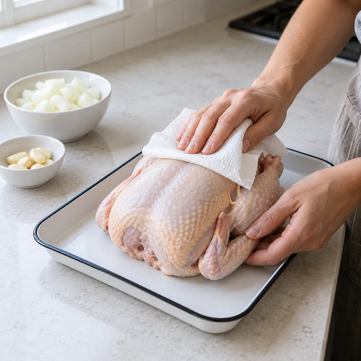 ขั้นตอน 1: นำถุงเครื่องในออกจากไก่ ซับให้แห้งโดยไม่ต้องล้างนกดิบ และเก็บถาดและอุปกรณ์ให้ห่างจากอาหารพร้อมรับประทาน ใส่ไก่ กระเทียมทั้งหมด และหัวหอมเสริมลงในหม้อทรงลึกที่มีน้ำ ถ้วยกระดาษ 10 ถ้วย