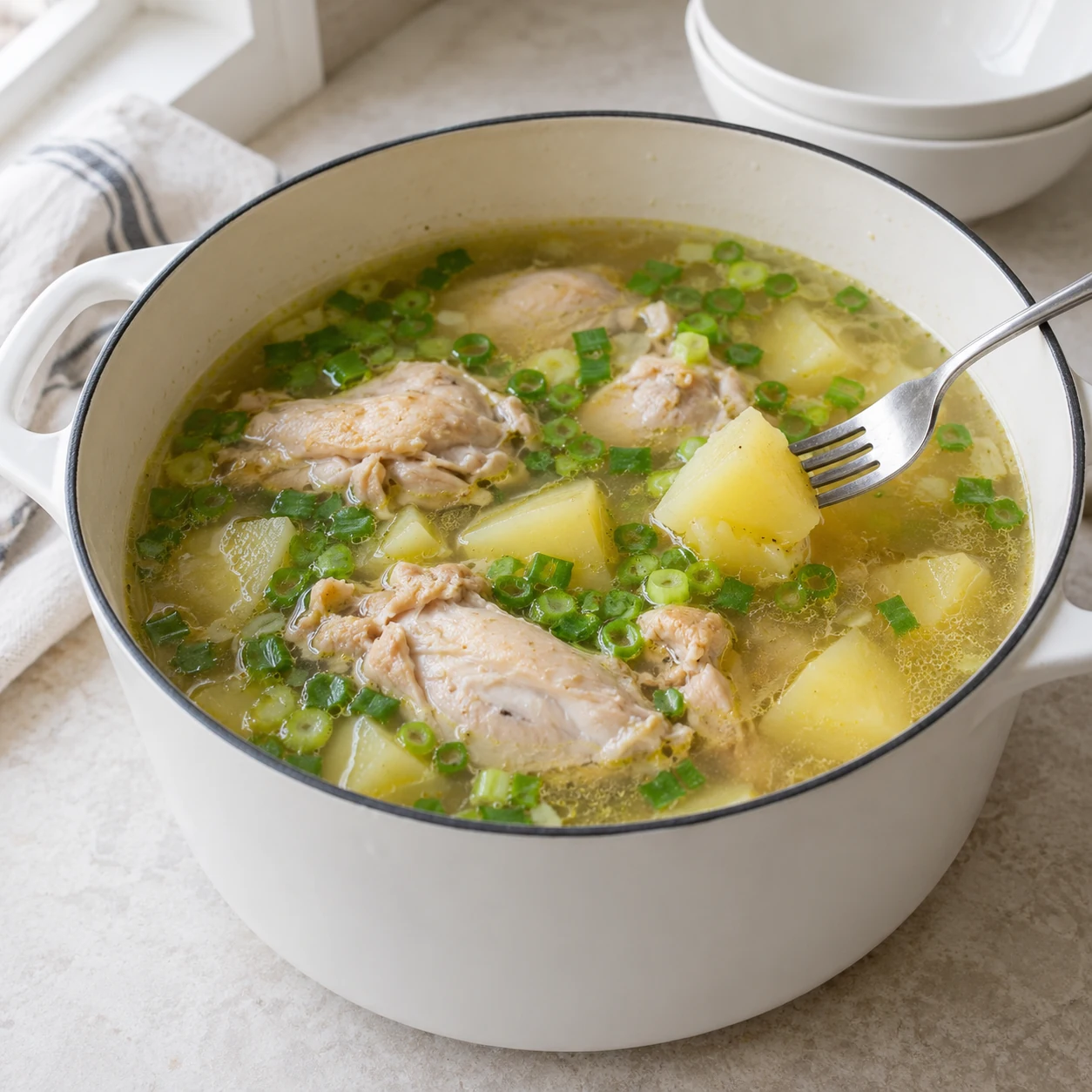 ขั้นตอน 6: ชิมน้ำซุปที่ปรุงสุกแล้วค่อยๆ เติมเกลือเสริมลงไป เสิร์ฟไก่ มันฝรั่ง และน้ำซุปในชามสี่ใบโดยแยกน้ำจิ้มออกจากกัน นำกระดูกออกจากส่วนของเด็ก ปล่อยให้น้ำซุปและมันฝรั่งที่ร้อนจัดเย็นลงเล็กน้อยก่อนรับประทานอาหาร