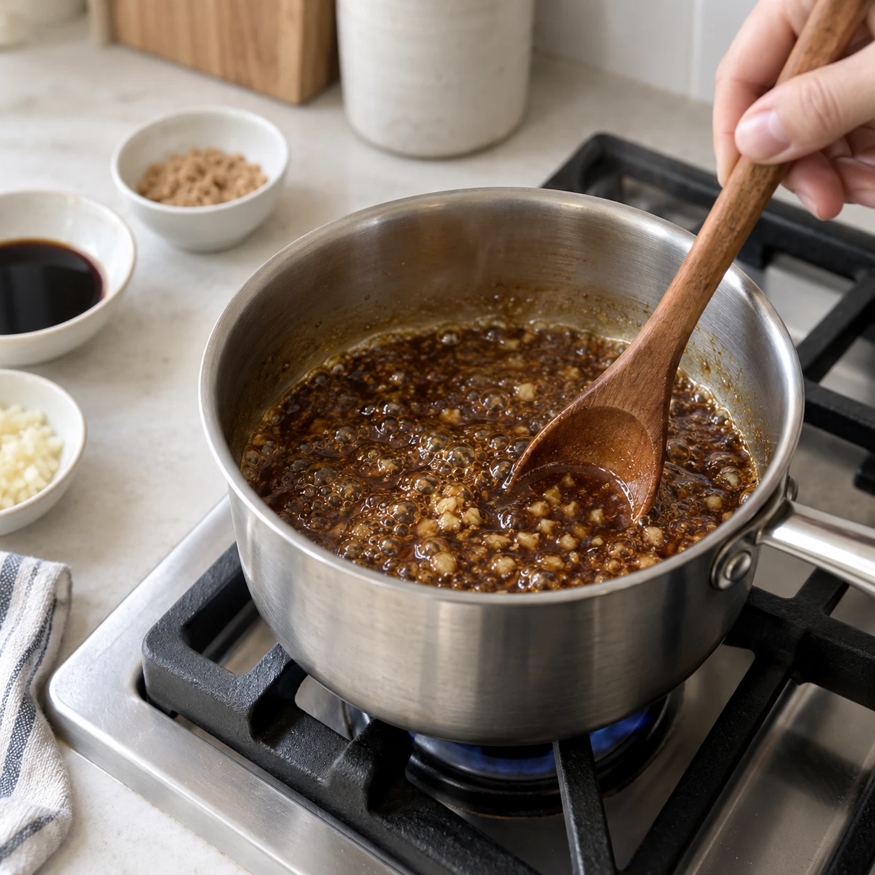 Étape 2: Dans une petite casserole propre, mélanger les cuillères à manger de niveau 2, la sauce soja, le sucre de cuillère à manger de niveau 1, les cuillères à manger de niveau 2 et la petite cuillère à café d'ail émincé 1. Laisser mijoter doucement pendant 2–3 minutes jusqu'à ce que le sucre se dissolve et que le glaçage épaississe légèrement. Réservez et éloignez-le du poulet cru; il ne sera utilisé qu'après la cuisson de la viande.