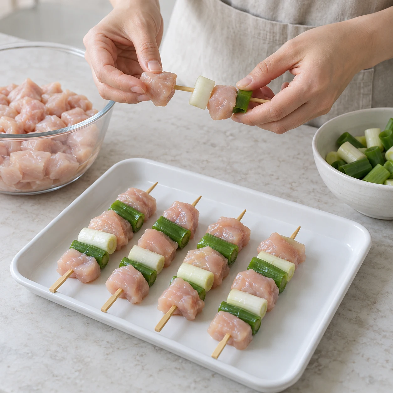 Étape 3: Enfilez le poulet sur de courtes brochettes 4, en alternant avec des morceaux d'oignon nouveau facultatifs. Laissez un petit espace pour que la chaleur atteigne tous les côtés et gardez les morceaux à peu près de la même épaisseur. Si aucune brochette n'est disponible, faites cuire le poulet et l'oignon nouveau en morceaux en une seule couche.