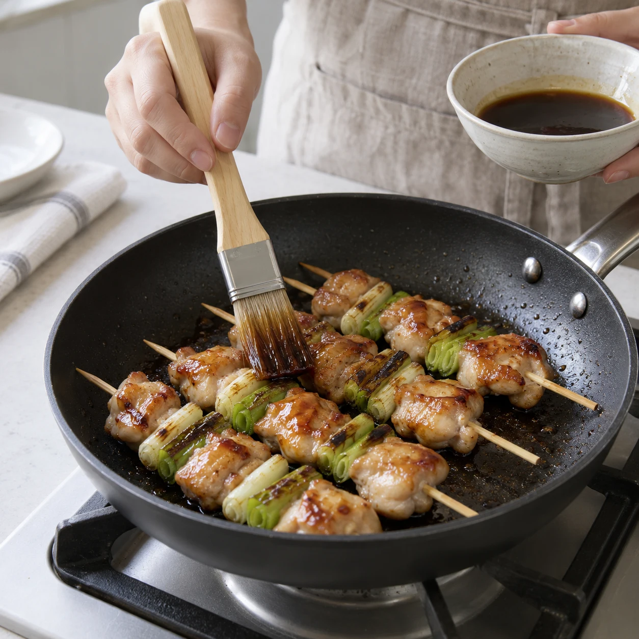 Étape 5: Une fois le poulet cuit, découvrez la poêle et réduisez le feu à doux. Mélangez la petite cuillère à café d’huile de sésame 1 facultative dans le glaçage. Badigeonnez les brochettes d'un peu de sauce, retournez-les et réchauffez-les pendant 30–60 secondes de chaque côté. Répétez seulement si nécessaire pour une couche légèrement brillante. Arrêtez-vous avant que le sucre ne noircisse ; une croûte noire est une sauce brûlée, pas une saveur supplémentaire.