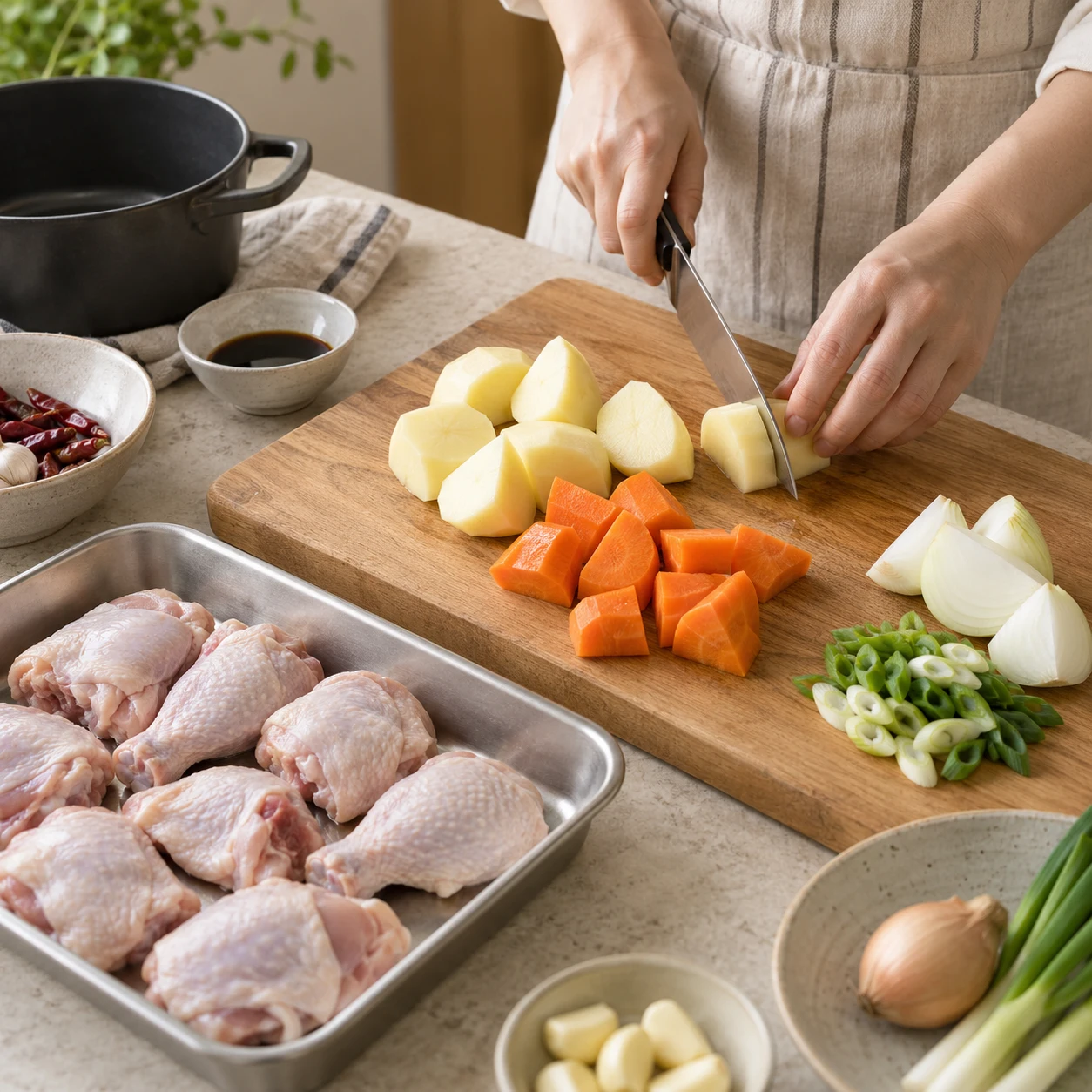 Paso 1: Usa 8 trozos de pollo con hueso de un paquete de 800 g, no un ave entera. Seca sin lavar pollo crudo. En tabla separada corta 2 patatas pequeñas y media zanahoria en trozos de 3 cm, divide una cebolla pequeña en cuatro y pica cebolleta. Lava manos y utensilios de carne antes de tocar comida cocida.