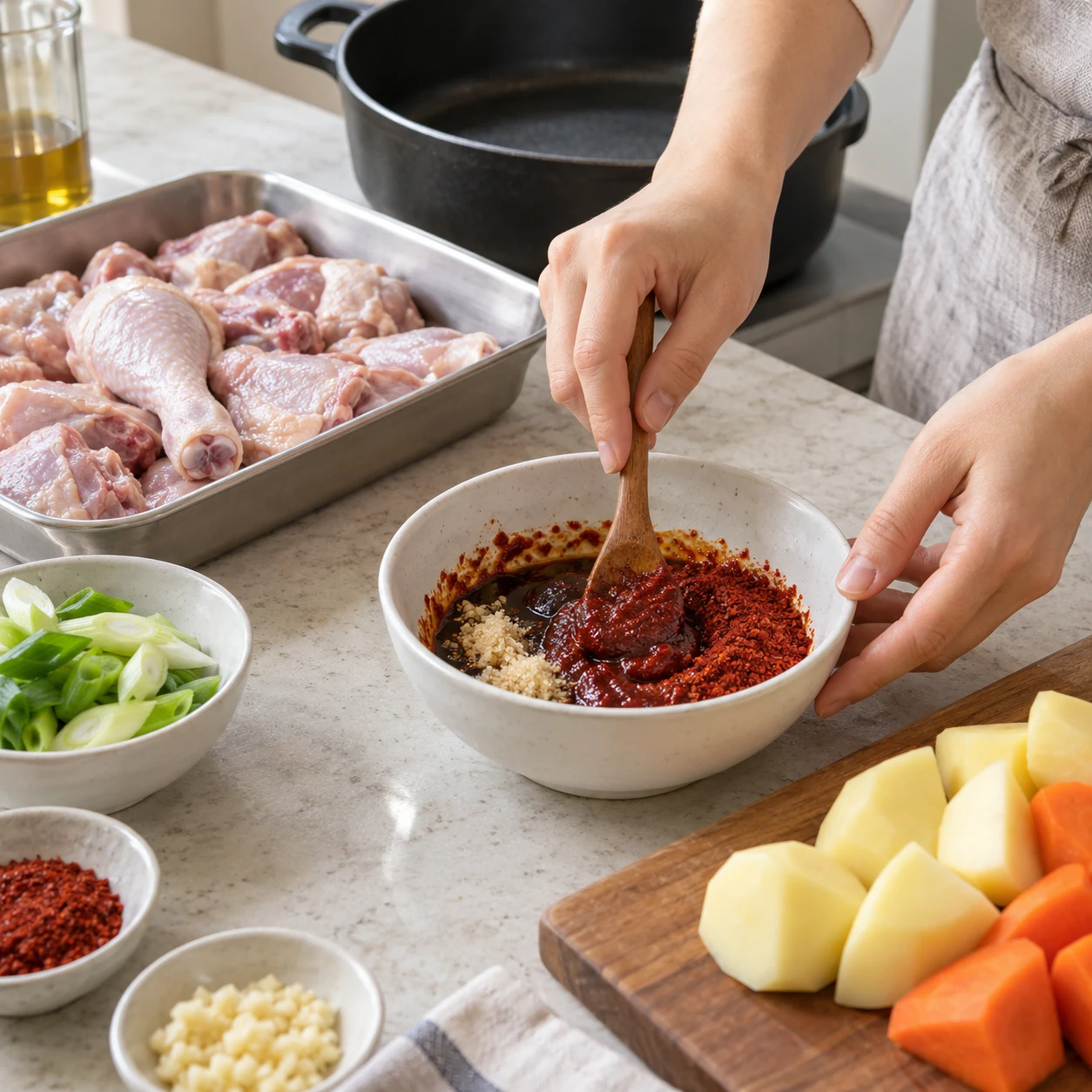 Paso 2: Mezcla 2 cucharadas rasas de gochujang, 3 de soja y 1 de ajo picado. Añade 1 de azúcar y hasta 1 de gochugaru opcionales. Para menos picante reduce el chile en polvo, aunque el gochujang también pica. Suelta con unas cucharadas del agua medida.