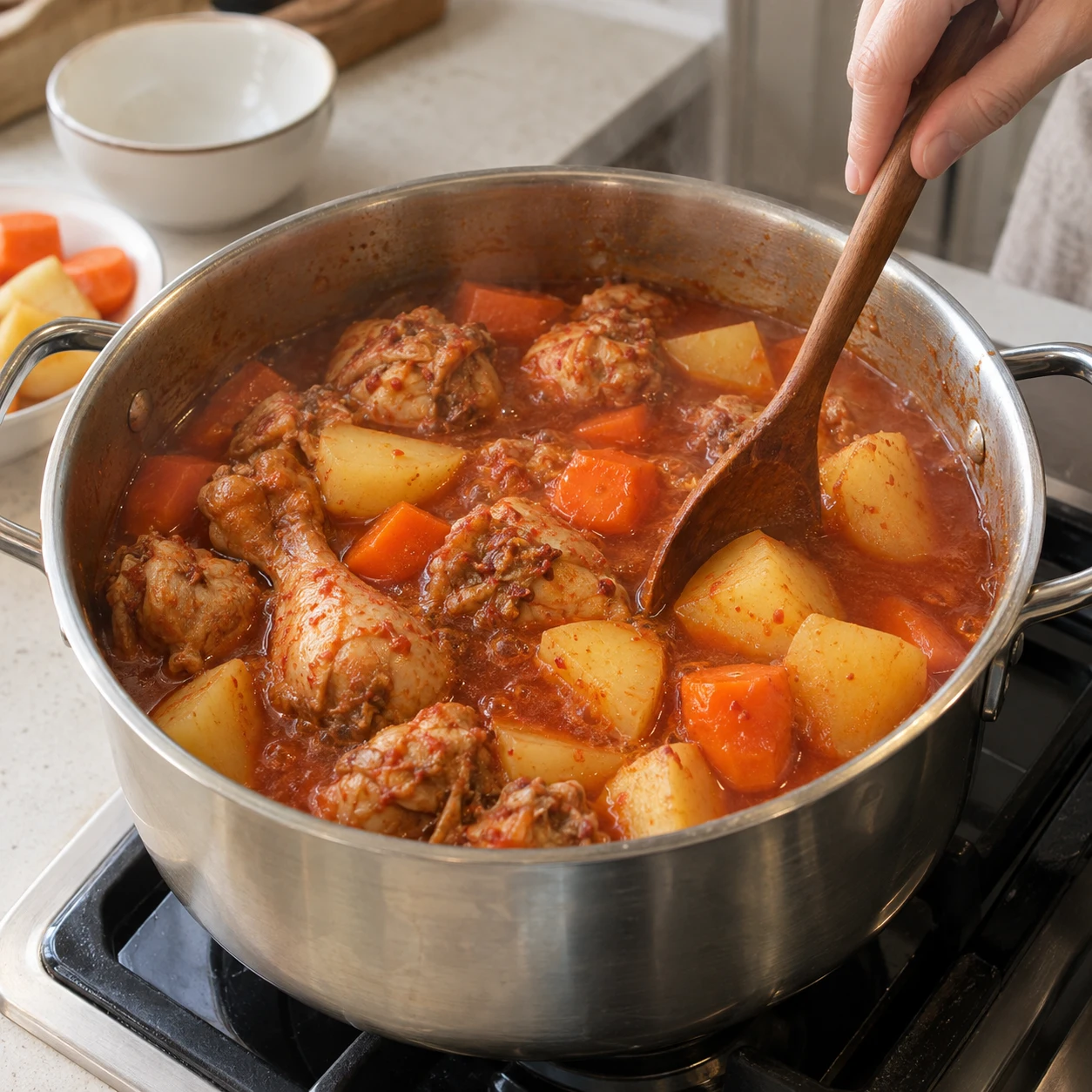 Paso 4: Añade patata y zanahoria y cocina suave con tapa entreabierta 20–25 minutos. Gira el pollo una vez y mueve las verduras sin romper. Si baja mucho el líquido antes de ablandarse, añade agua caliente de 2–3 cucharadas en 2–3. No machaques la patata.