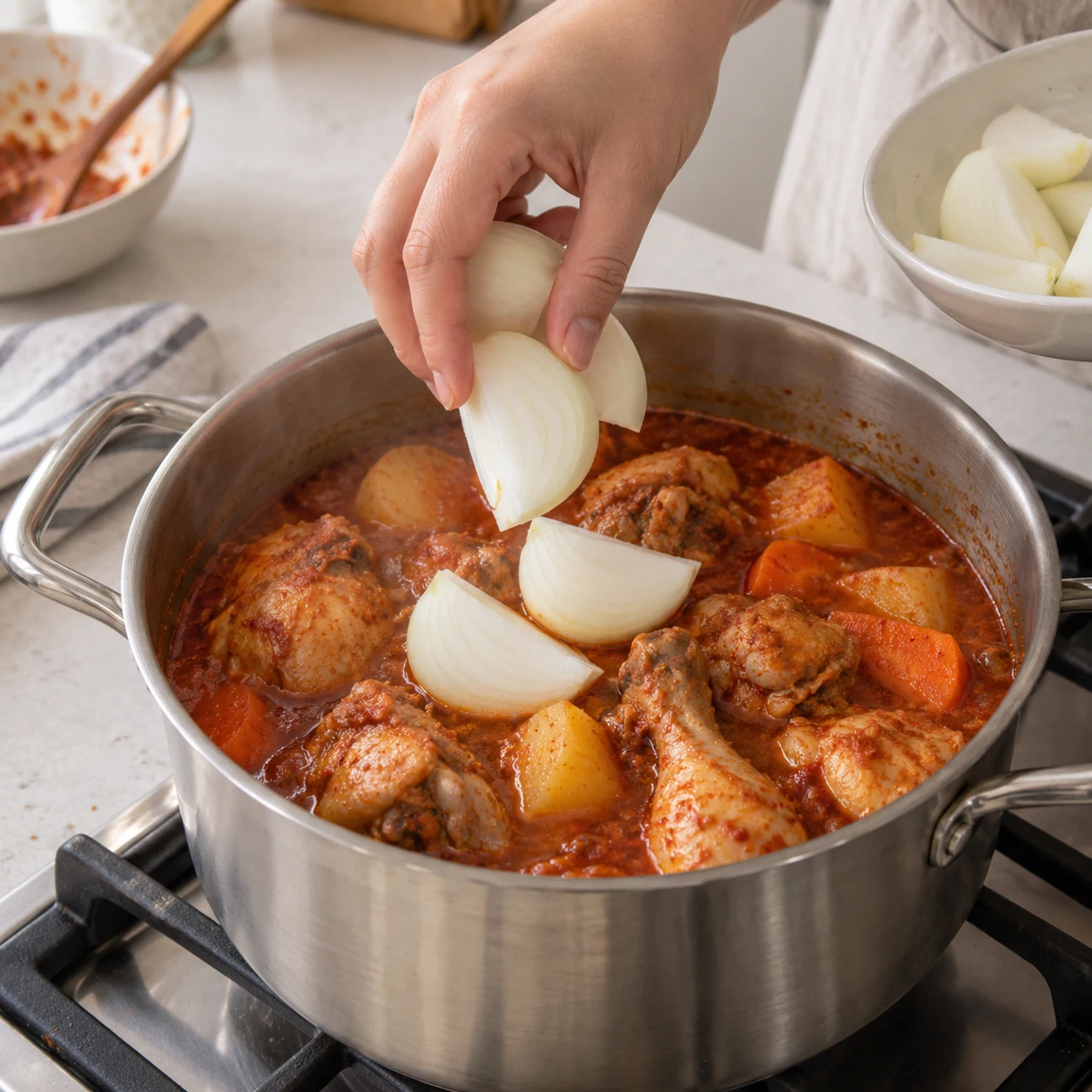 Paso 5: Añade los cuartos de cebolla y cuece 8–10 minutos más hasta que ablanden. Pollo y raíces siguen cocinándose juntos. El tenedor entra fácilmente en las patatas y la salsa cubre la cuchara pero fluye. Si siguen duras, prolonga el hervor suave.