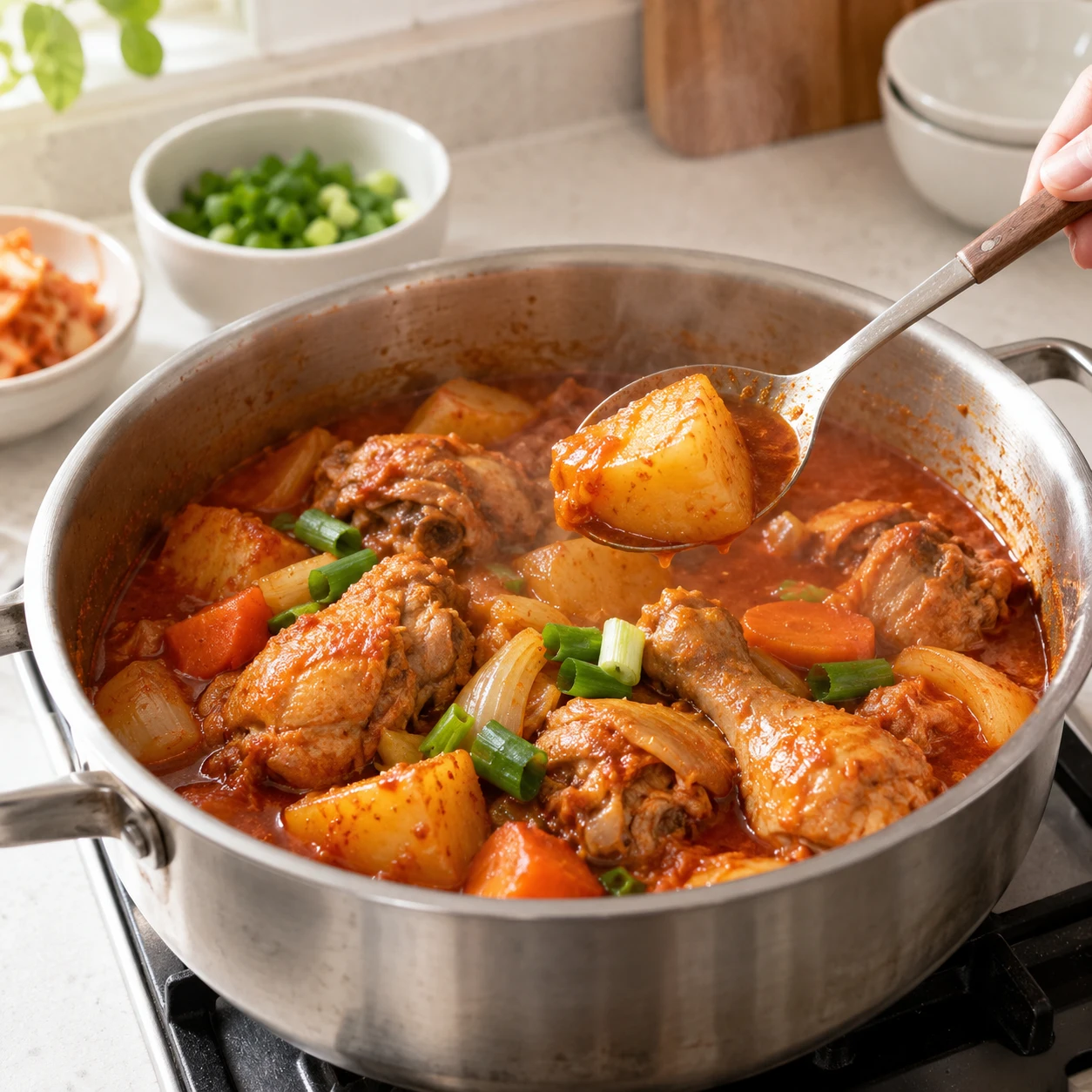 Paso 6: Añade cebolleta opcional y termina destapado 3–5 minutos. Comprueba 74°C en la parte más gruesa del pollo, lejos del hueso; si falta, sigue cocinando. Prueba ya cocido y diluye con 2–4 cucharadas de agua caliente si está salado. Sirve cuatro porciones con arroz, quitando huesos para niños; es un plato picante.