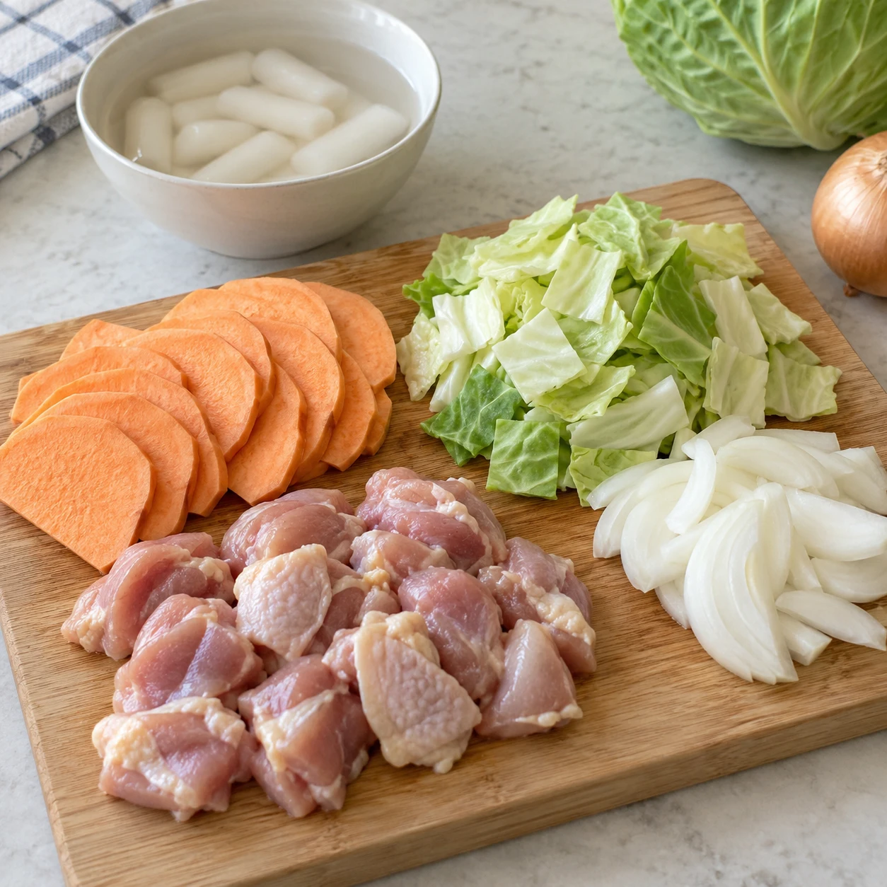 ขั้นตอน 1: ตัดและเตรียมไว้ แพทครึ่งหนึ่งของก 600 สะโพกไก่ 1 ห่อ ตากแห้งโดยไม่ต้องล้าง แล้วหั่นเป็นชิ้น 3 ซม. ชิ้น หั่นกะหล่ำปลีเป็นสี่เหลี่ยมขนาดพอดีคำแล้วเติมให้หลวมๆ 1 ถ้วยกระดาษขนาดเล็ก ปอกเปลือกและหั่นเป็นชิ้น ½ มันเทศไม่หนากว่า 5 มม. ชิ้น ½ หัวหอม. ถ้าต็อกแข็งหรือแช่เย็น ให้แช่ไว้ ¼ ของ 400 กรัมแพ็คในน้ำอุ่นสำหรับ 10 นาทีแล้วสะเด็ดน้ำ ต็อกข้าวสดเนื้อนุ่มไม่จำเป็นต้องแช่น้ำ