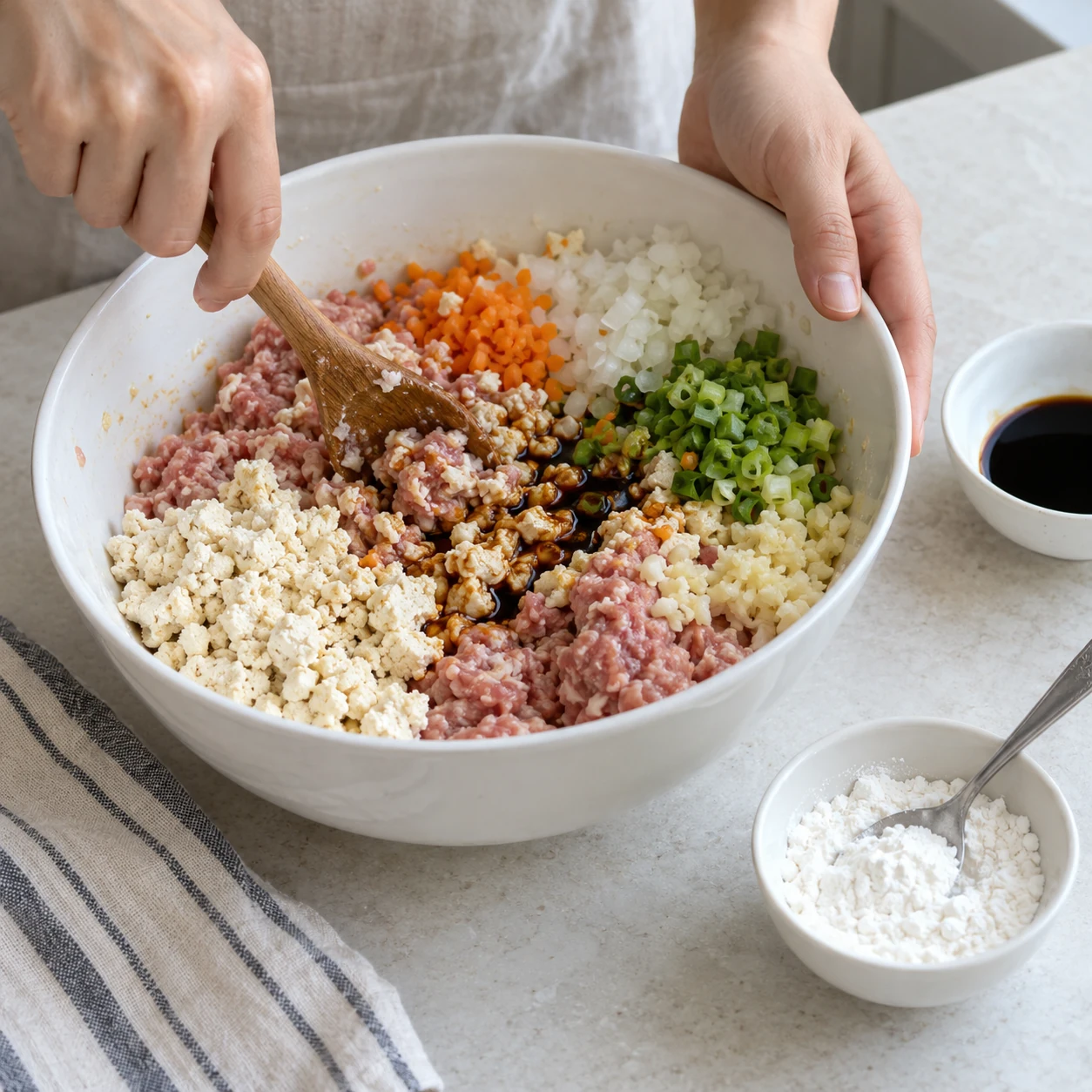 ขั้นตอน 2: ในชามผสมหมูบด เต้าหู้คั้นบด ผักสับ กระเทียม ซีอิ๊ว และพริกไทยตามชอบ ใส่แป้ง ช้อนกินข้าว 1 ช้อน (ปาดเสมอ) และผสมจนไส้เข้ากัน อย่าลิ้มรสไส้เนื้อดิบ