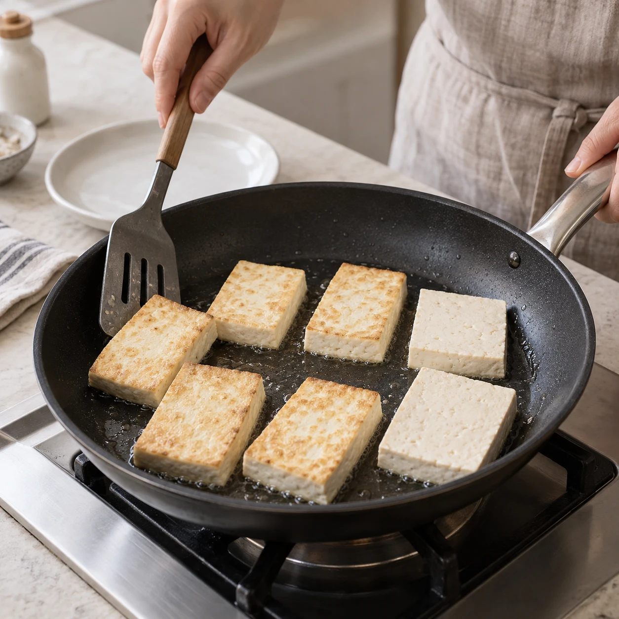 ขั้นตอน 3: ความร้อนน้ำมันเป็นกลางของ 1 ช้อนโต๊ะในกระทะ nonstick บนไฟร้อนปานกลาง จัดเรียงเต้าหู้เป็นชั้นเดียวแล้วทอดโดยไม่ต้องขยับประมาณ 3 นาที หมุนด้วยไม้พายอันกว้างแล้วปรุงต่ออีกนาทีของ 2 จนเป็นสีทองอ่อนๆ ใช้แบทช์หากทับซ้อนกัน