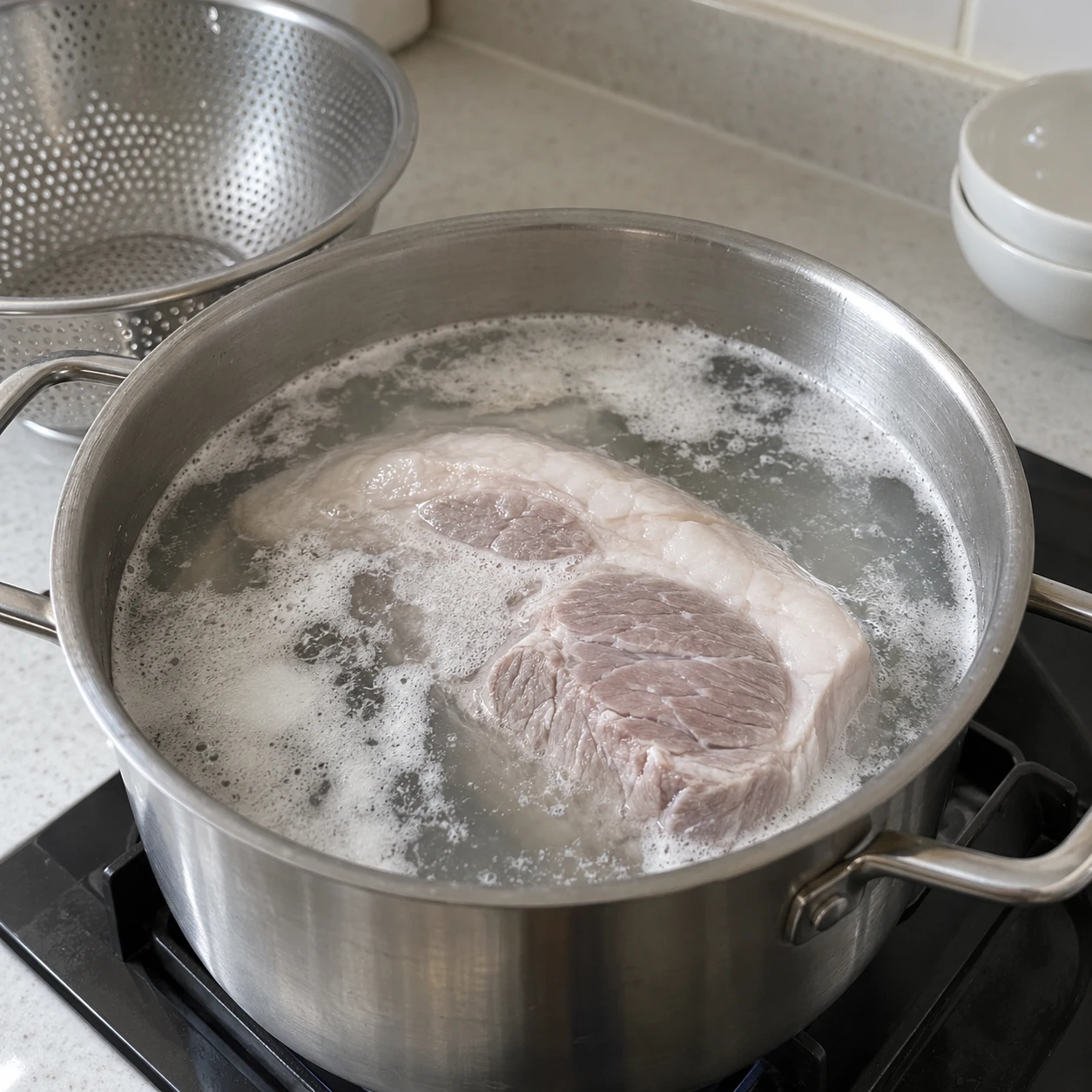 ขั้นตอน 1: ใส่หมูลงในหม้อ ปิดด้วยน้ำเย็นเป็นพิเศษ และนำไปต้มประมาณ 5 นาที ระบายน้ำนี้ก่อน ล้างเนื้อหมูที่สุกแล้วออกอย่างระมัดระวังแล้วล้างหม้อ น้ำซุปที่ตวงยังไม่ได้ใช้