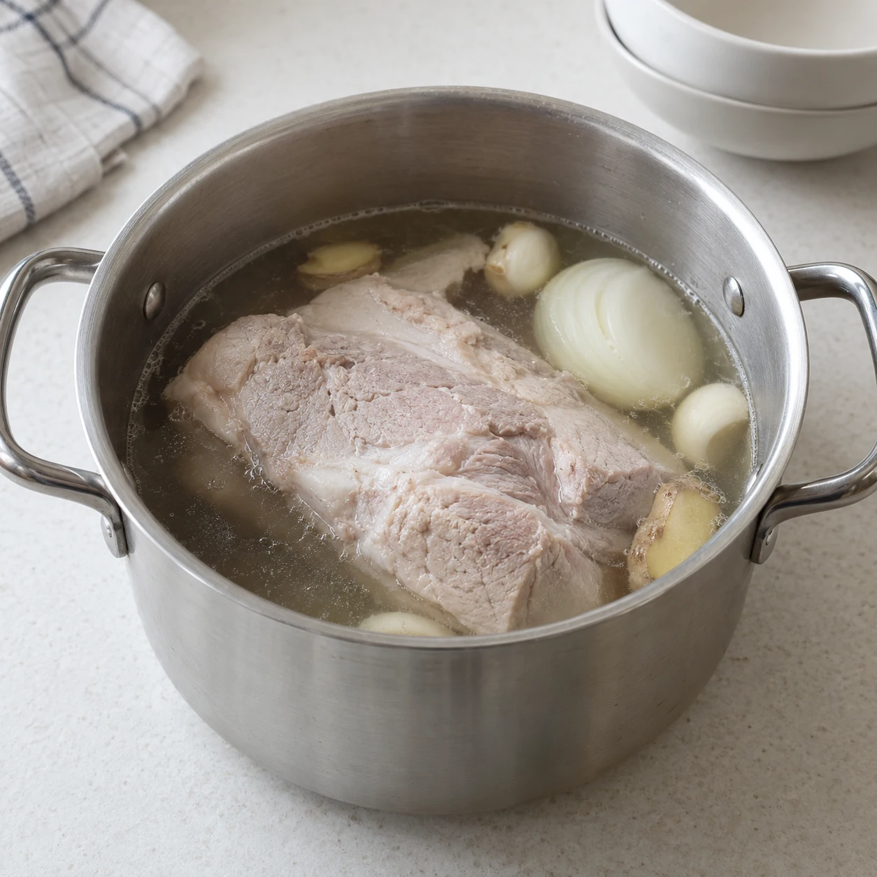 ขั้นตอน 2: นำหมูกลับลงในหม้อที่สะอาด พร้อมด้วยหัวหอม กระเทียมทั้งหมด และขิง เติมน้ำซุปจืด 3 ถ้วยกระดาษและน้ำ 3 ถ้วยกระดาษ ใช้หม้อขนาดกะทัดรัดเพื่อปกปิดเนื้อเป็นส่วนใหญ่