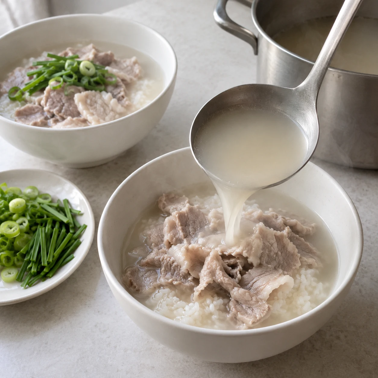 ขั้นตอน 6: แบ่งข้าวสุกอุ่นๆ ลงในชามลึกสองใบ ใส่หมูและน้ำซุปร้อนๆ จากนั้นใส่ต้นหอมและกุ้ยช่ายฝรั่ง ค่อยๆ เติมเกลือที่ระบุไว้บนโต๊ะ ตามด้วยพริกไทยหากใช้ น้ำซุปแบบบรรจุกล่องอาจต้องการเกลือน้อยลง