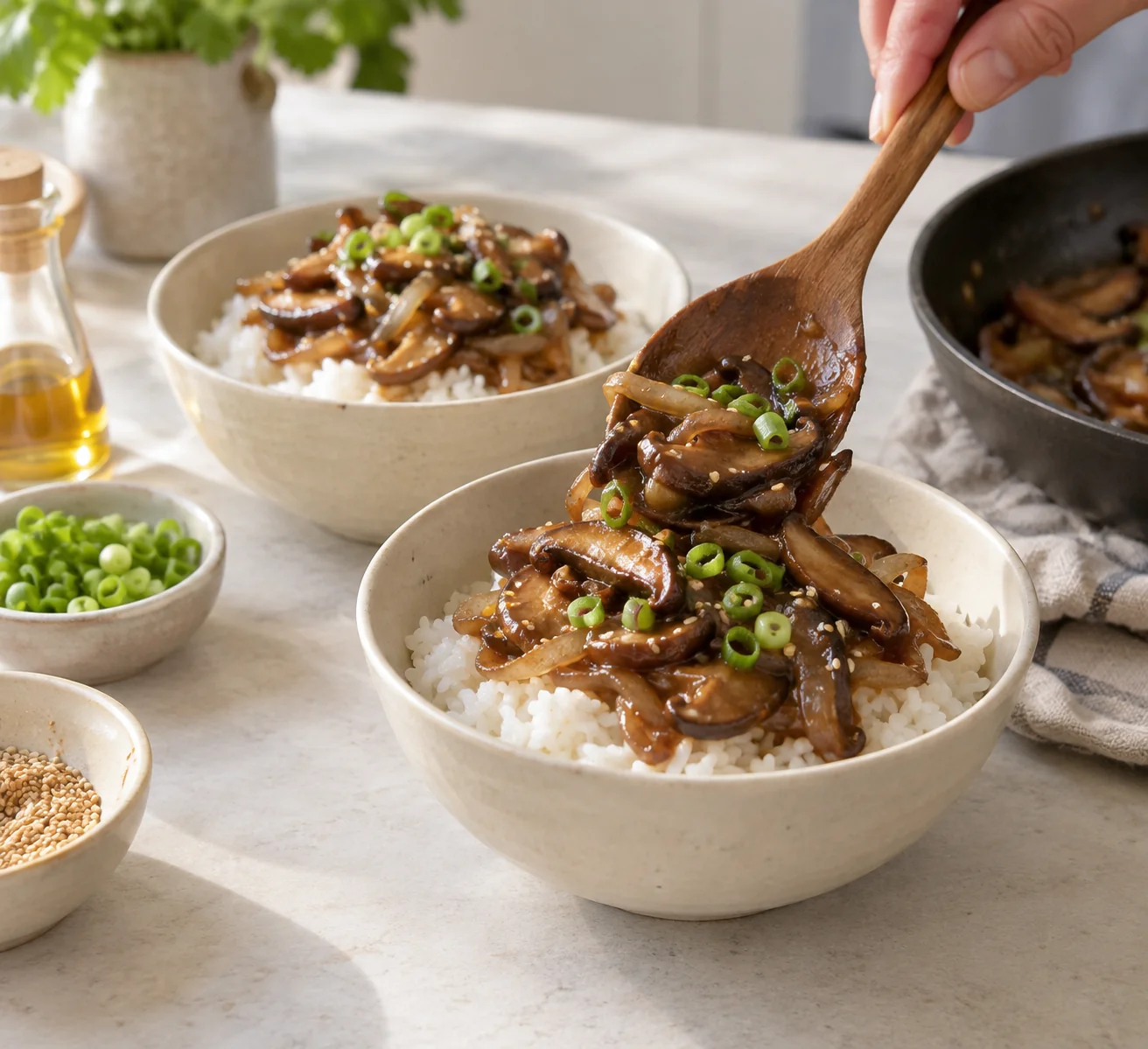الخطوة 4: قسّم كوبين ورقيين من الأرز المطبوخ الدافئ بين وعاءين. يُسكب الفطر اللامع فوق الأرز ويُوضع فوقه شرائح البصل الأخضر فقط في حالة استخدامه. يقدم ساخنًا.